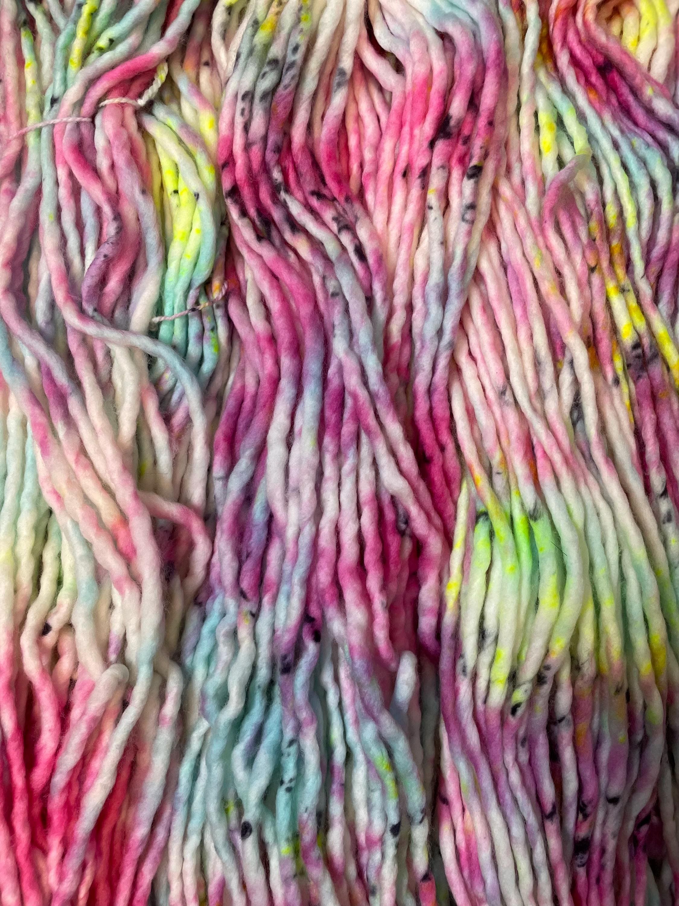Garden Hand dyed super bulky merino wool, size 6, 98 yards, natural, pink blue yellow black, speckled, solid, multicolor indie dye superwash