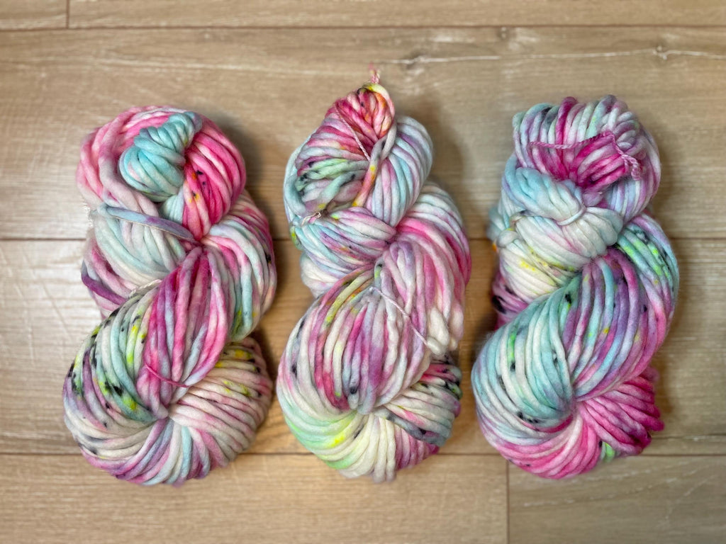 Garden Hand dyed super bulky merino wool, size 6, 98 yards, natural, pink blue yellow black, speckled, solid, multicolor indie dye superwash