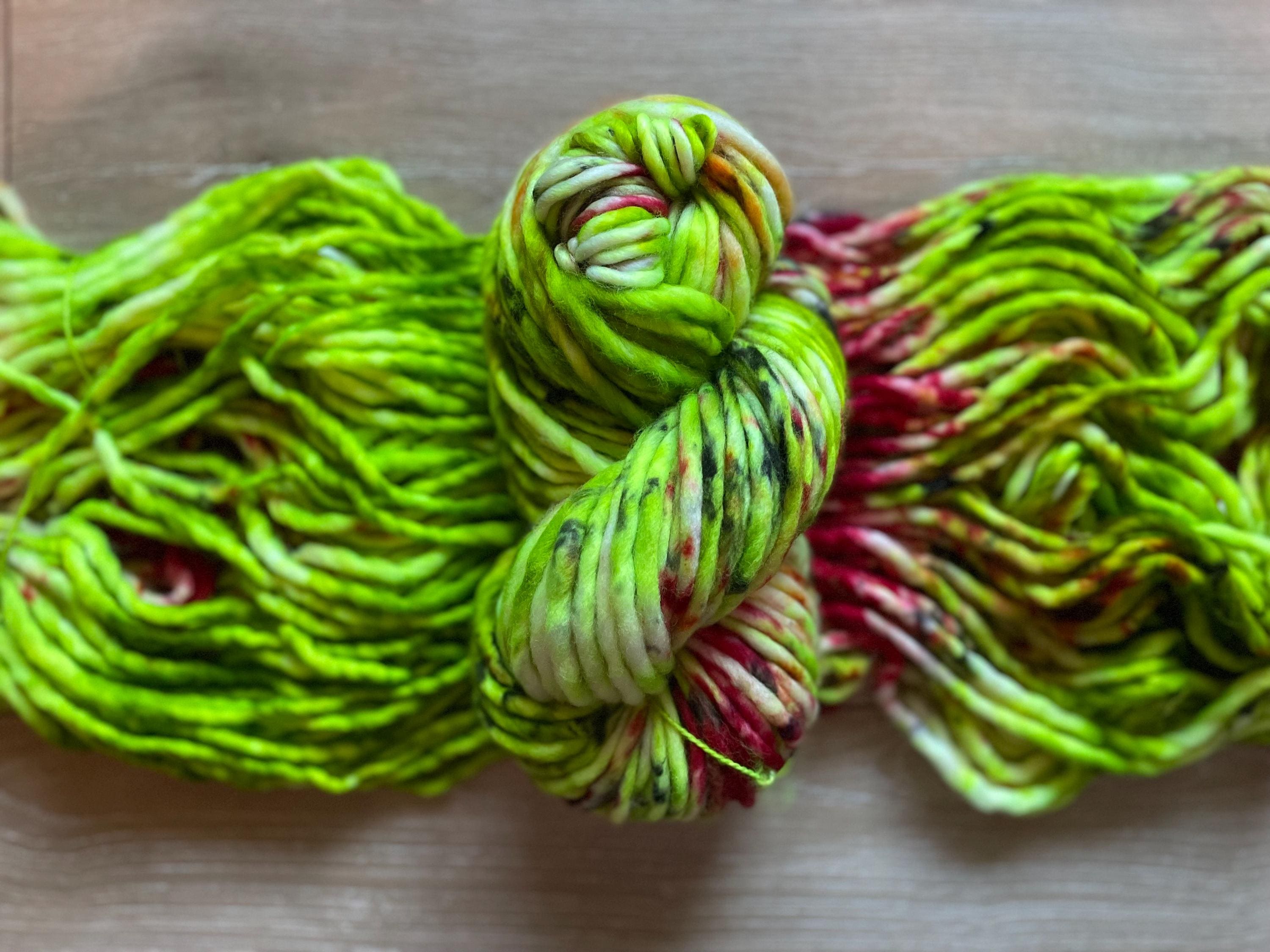 Sleigh bells Hand dyed super bulky merino wool, size 6, 98 yards, natural green red gold pink black, solid, multicolor, indie dye, superwash