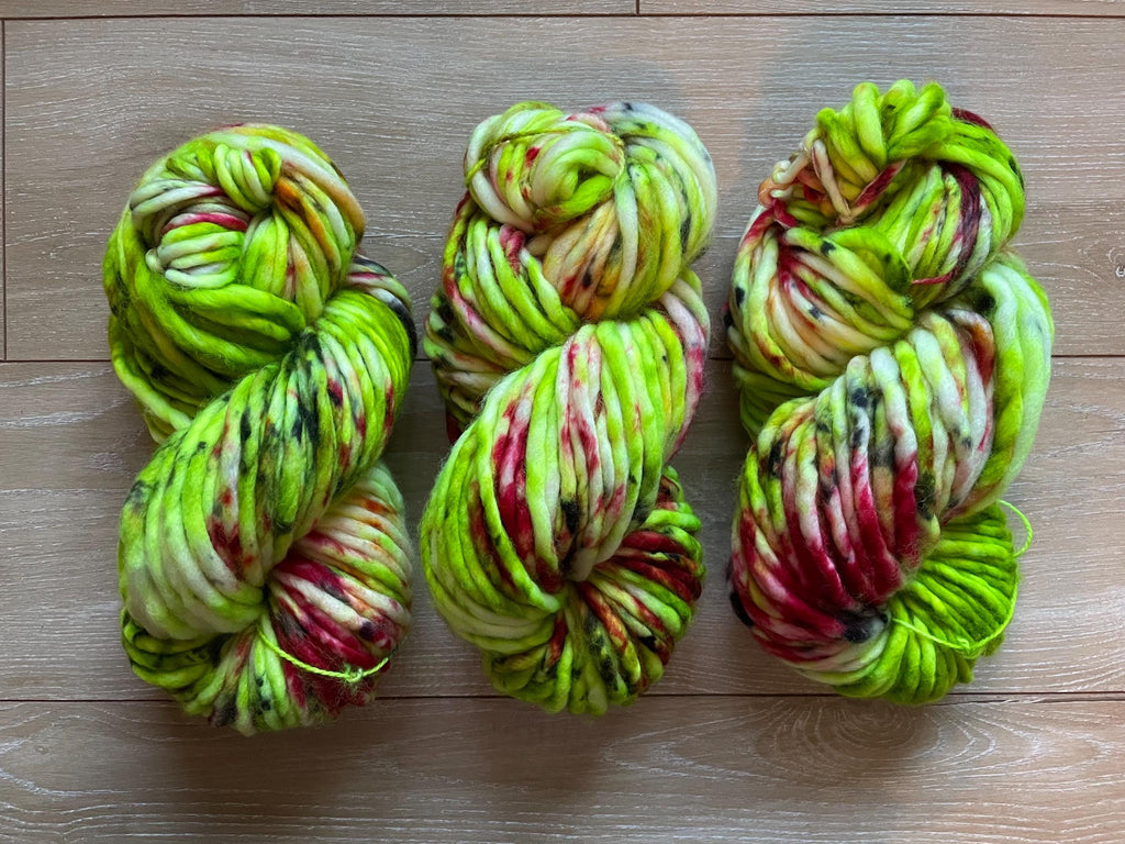 Sleigh bells Hand dyed super bulky merino wool, size 6, 98 yards, natural green red gold pink black, solid, multicolor, indie dye, superwash