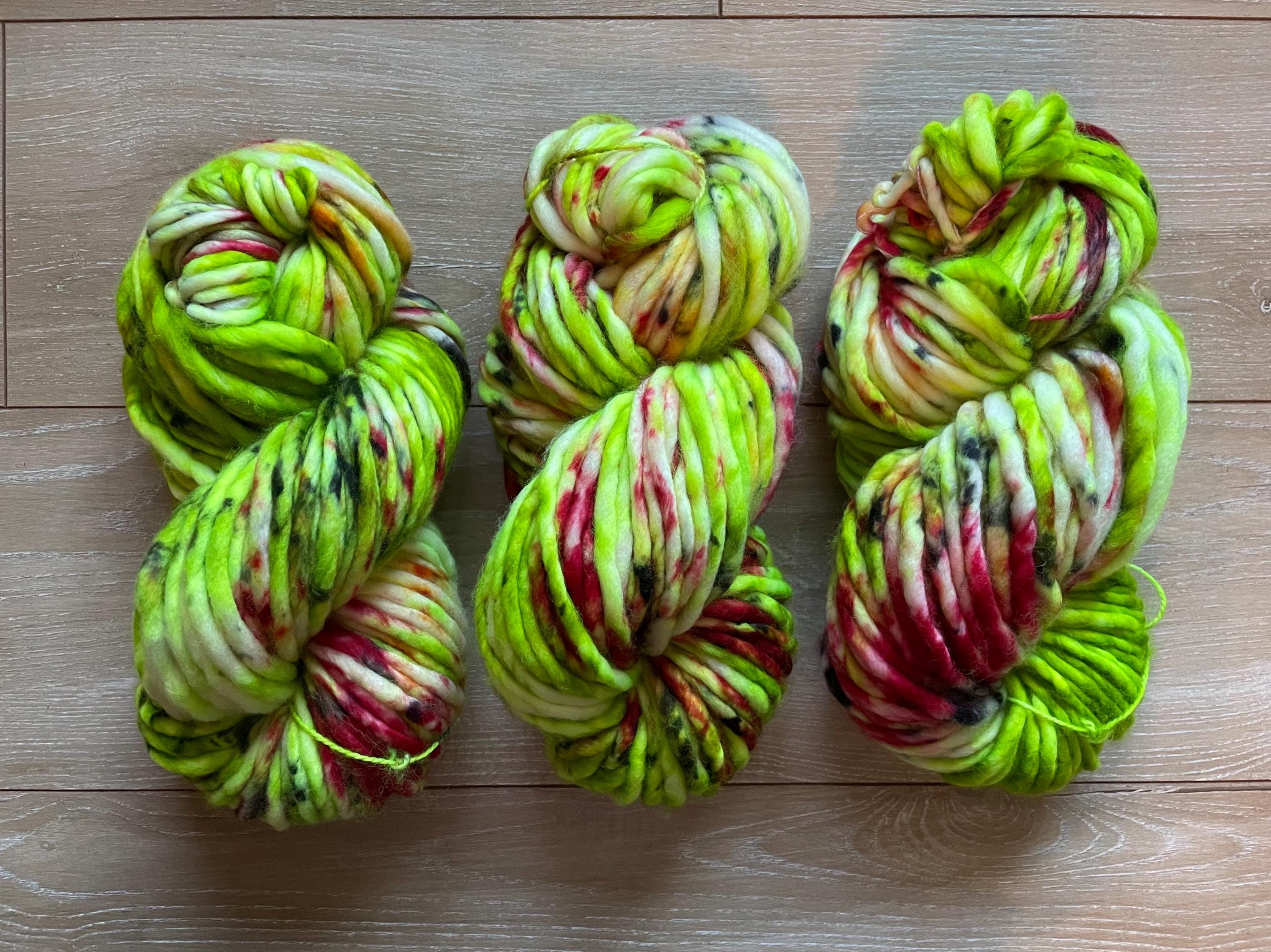 Sleigh bells Hand dyed super bulky merino wool, size 6, 98 yards, natural green red gold pink black, solid, multicolor, indie dye, superwash