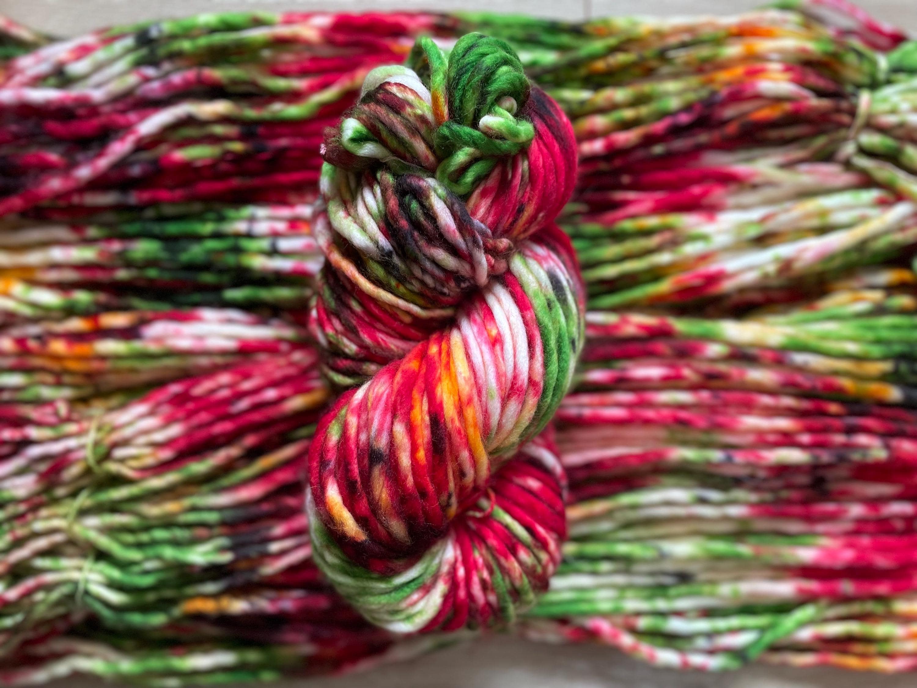 Holly jolly Hand dyed super bulky merino wool, size 6, 98 yards, natural, green red gold pink black, solid, multicolor, indie dye, superwash