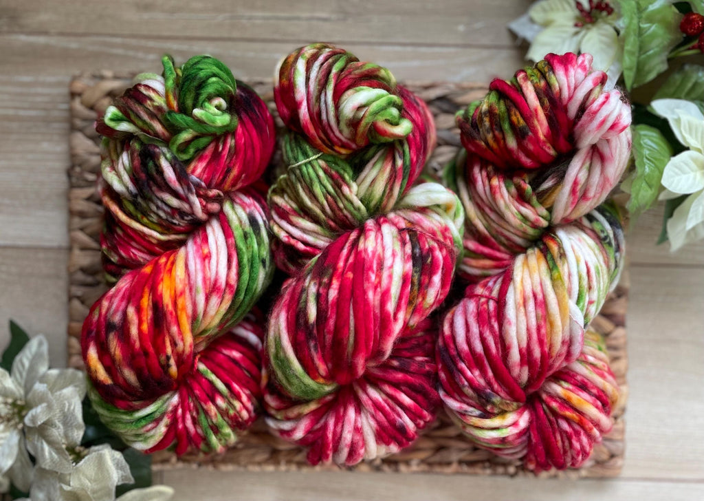 Holly jolly Hand dyed super bulky merino wool, size 6, 98 yards, natural, green red gold pink black, solid, multicolor, indie dye, superwash