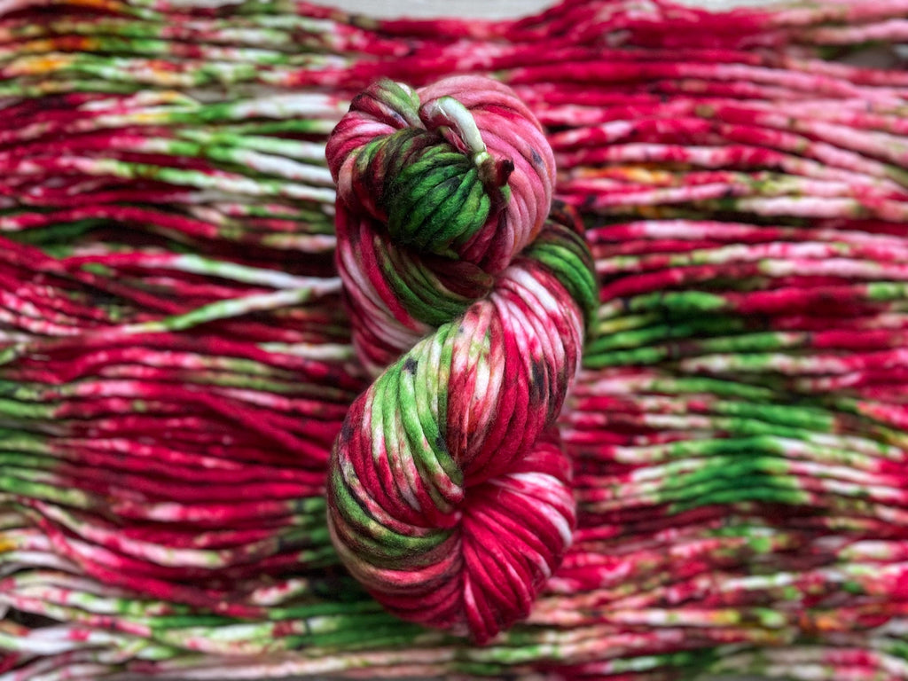 Holly jolly Hand dyed super bulky merino wool, size 6, 98 yards, natural, green red gold pink black, solid, multicolor, indie dye, superwash