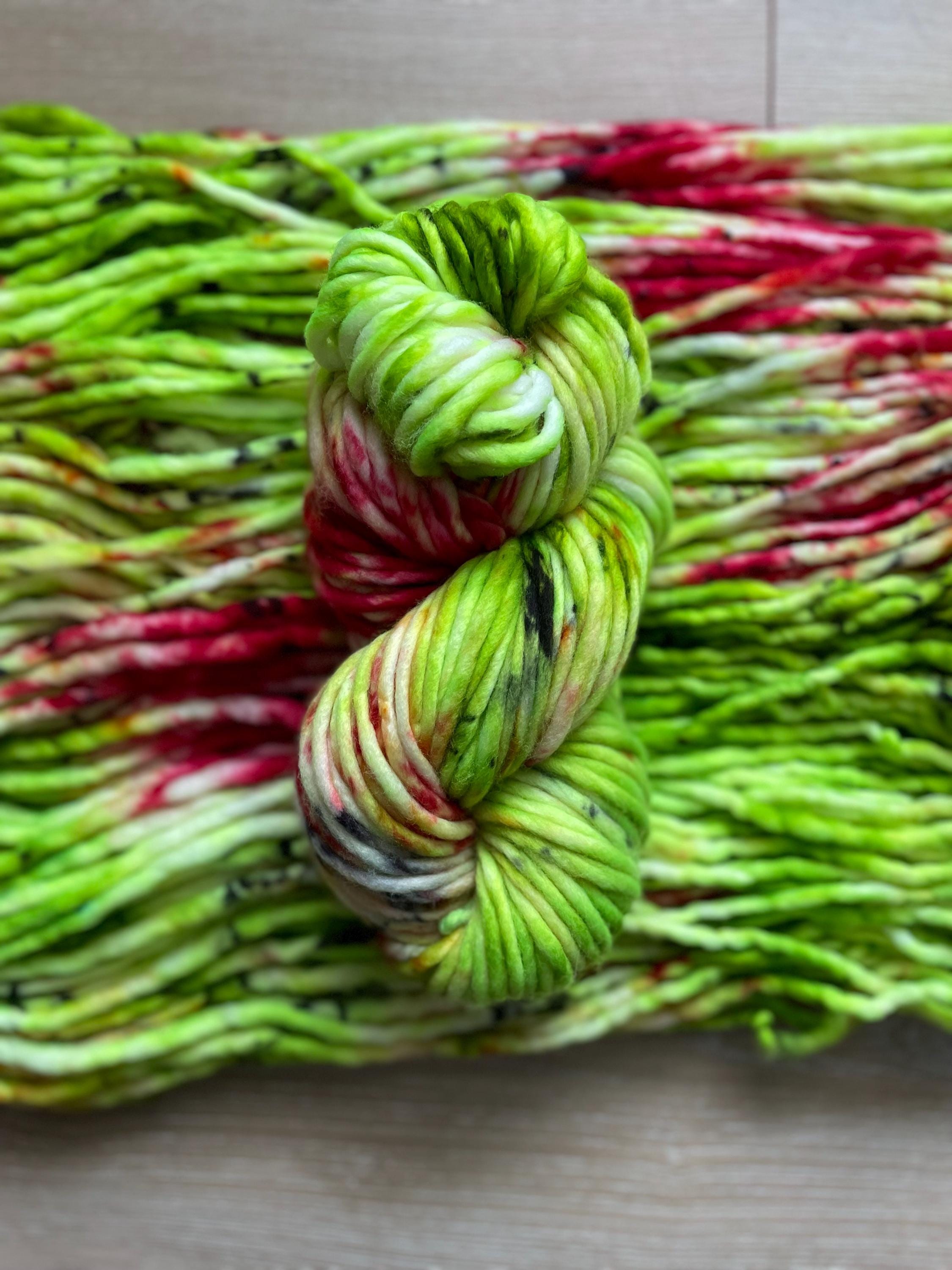 Sleigh bells Hand dyed super bulky merino wool, size 6, 98 yards, natural green red gold pink black, solid, multicolor, indie dye, superwash