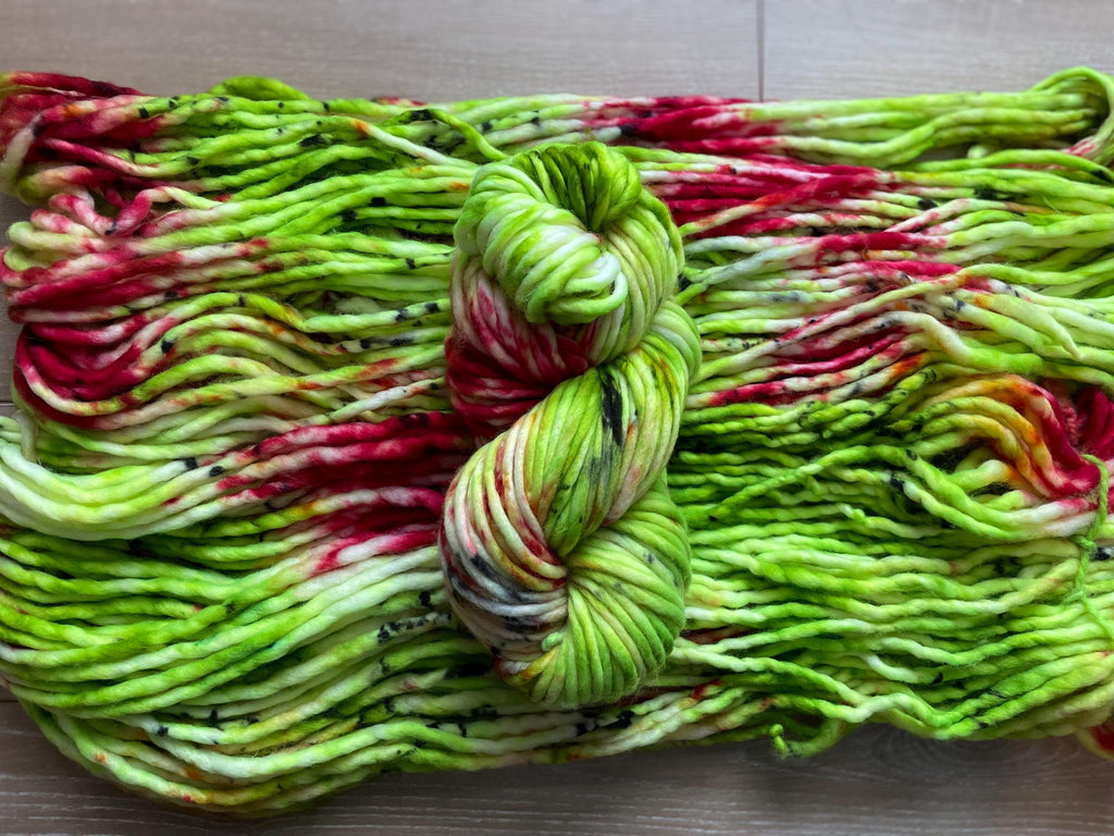 Sleigh bells Hand dyed super bulky merino wool, size 6, 98 yards, natural green red gold pink black, solid, multicolor, indie dye, superwash