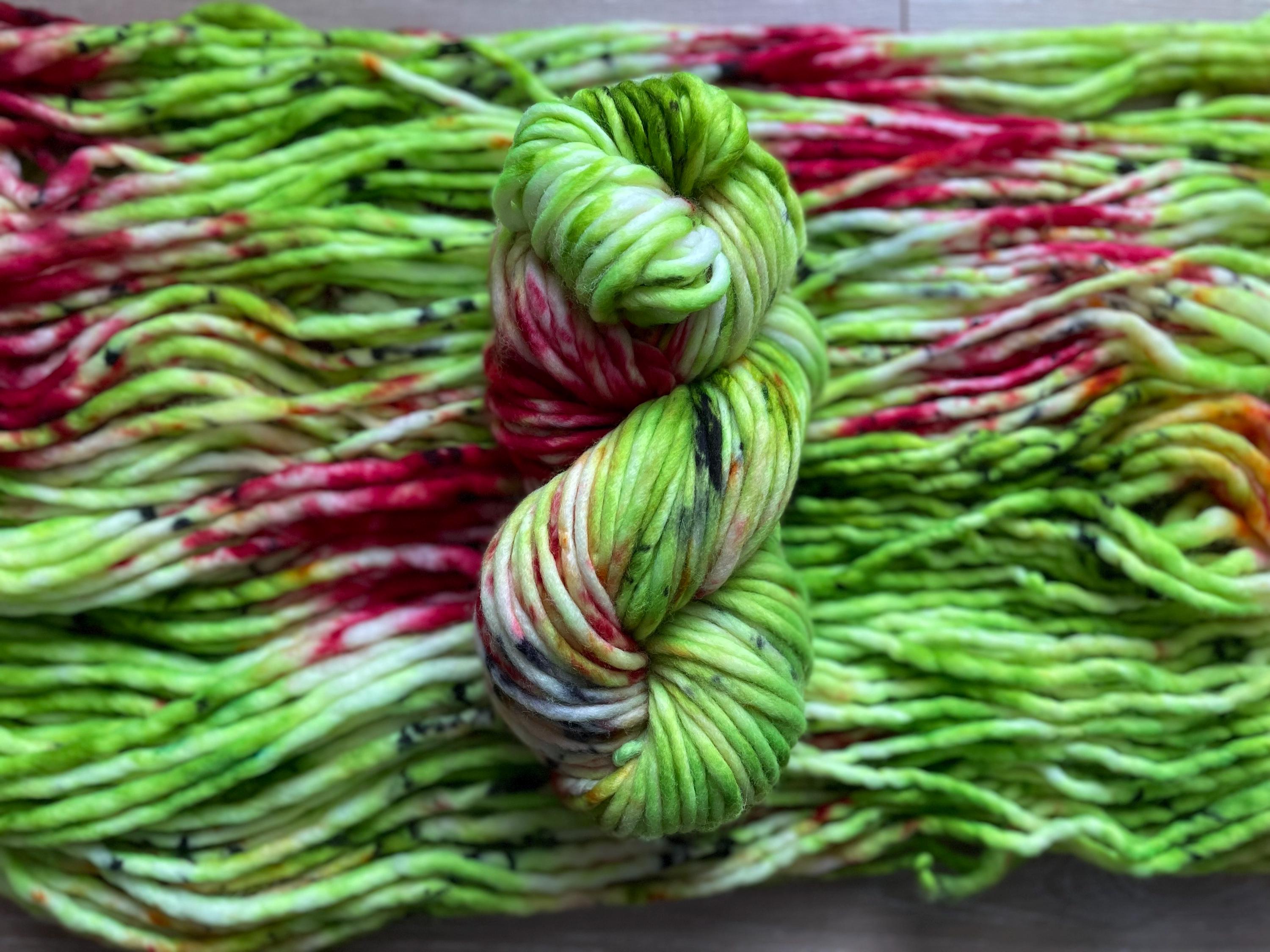 Sleigh bells Hand dyed super bulky merino wool, size 6, 98 yards, natural green red gold pink black, solid, multicolor, indie dye, superwash
