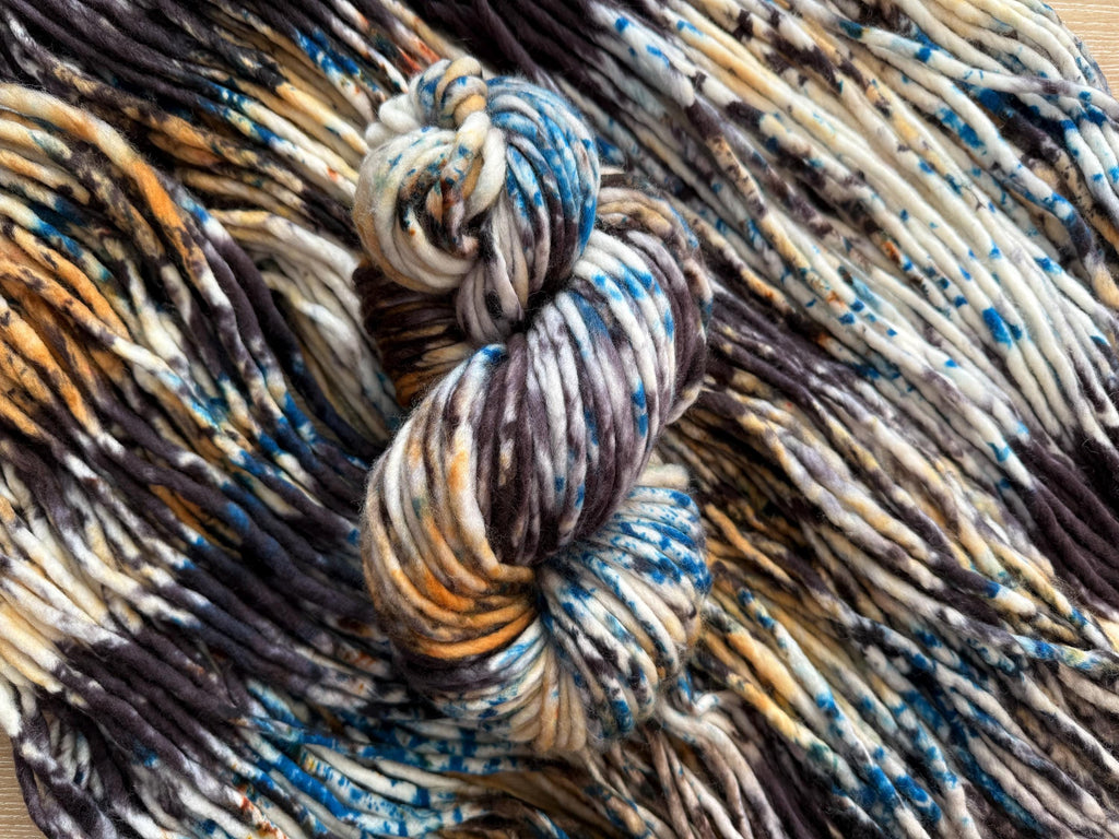 Azriel Hand dyed super bulky merino wool, size 6 blue black gold, speckled, solid, multicolor, indie dye, superwash