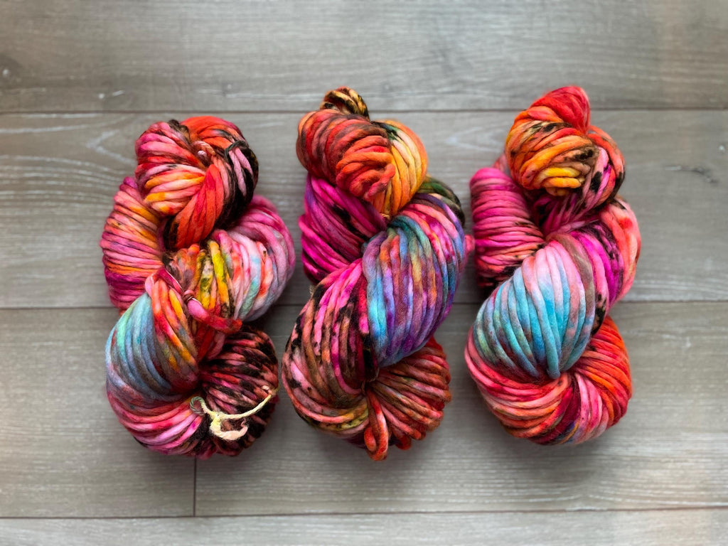 Disco Hand dyed super bulky merino wool, 82 98 126 size 6 weight, brights neons, speckled, solid, multicolor, indie dye,
