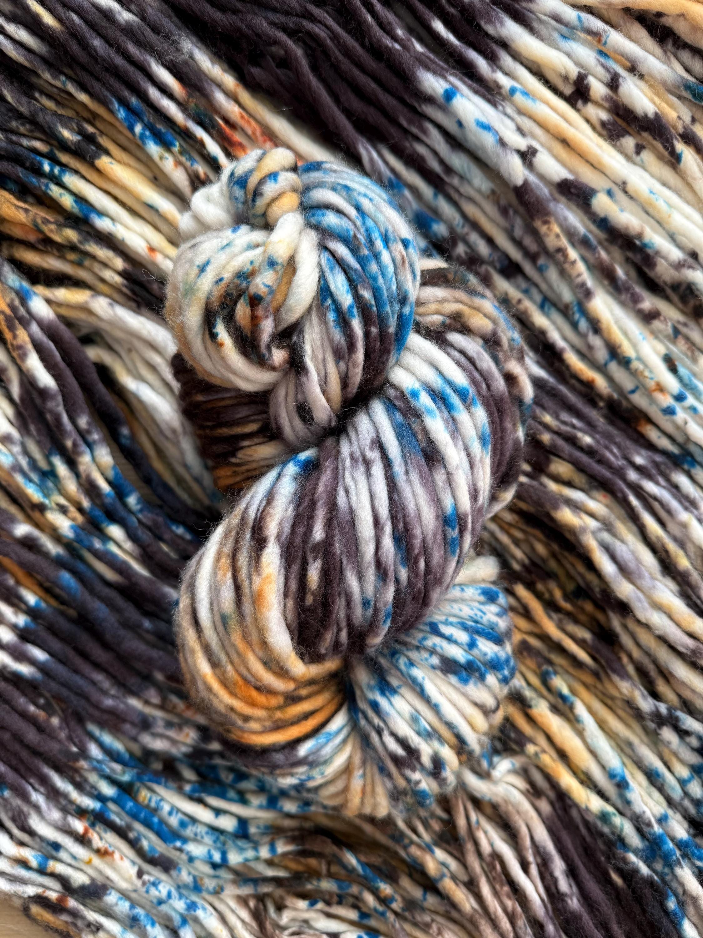 Azriel Hand dyed super bulky merino wool, size 6 blue black gold, speckled, solid, multicolor, indie dye, superwash