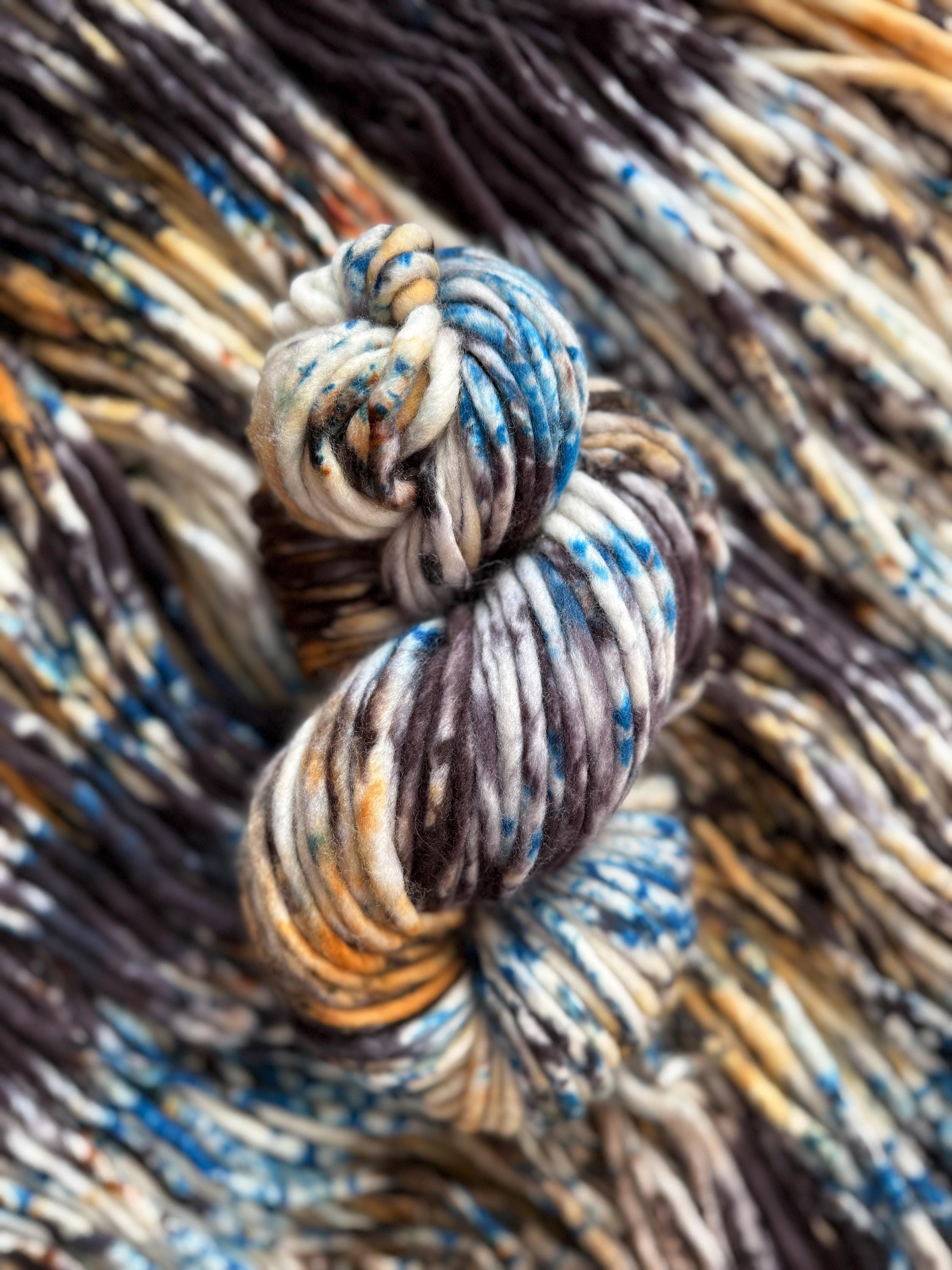 Azriel Hand dyed super bulky merino wool, size 6 blue black gold, speckled, solid, multicolor, indie dye, superwash