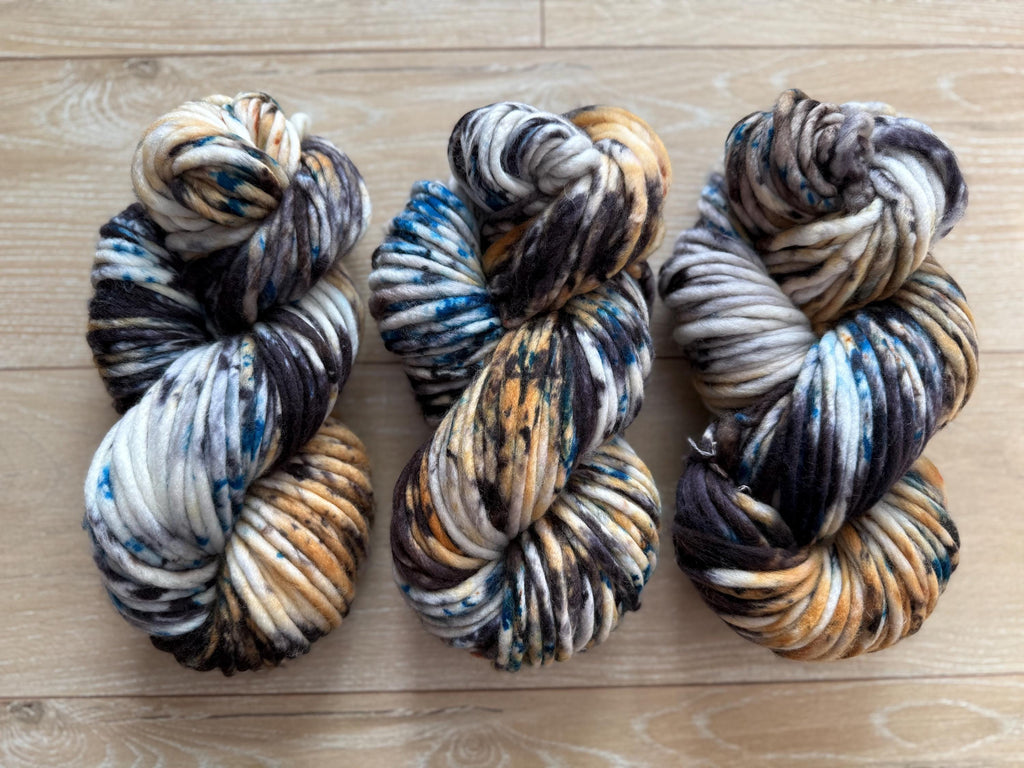Azriel Hand dyed super bulky merino wool, size 6 blue black gold, speckled, solid, multicolor, indie dye, superwash
