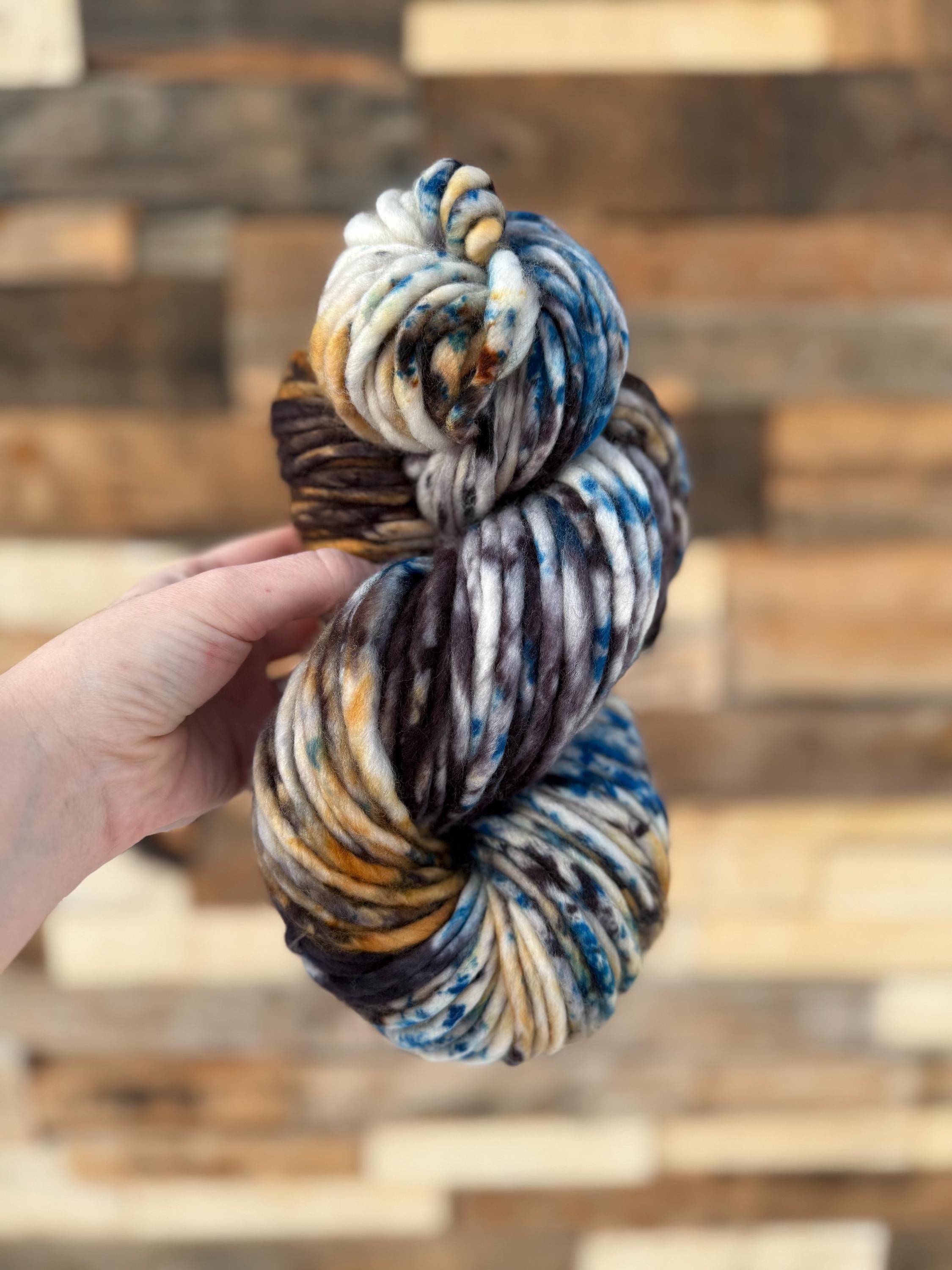 Azriel Hand dyed super bulky merino wool, size 6 blue black gold, speckled, solid, multicolor, indie dye, superwash