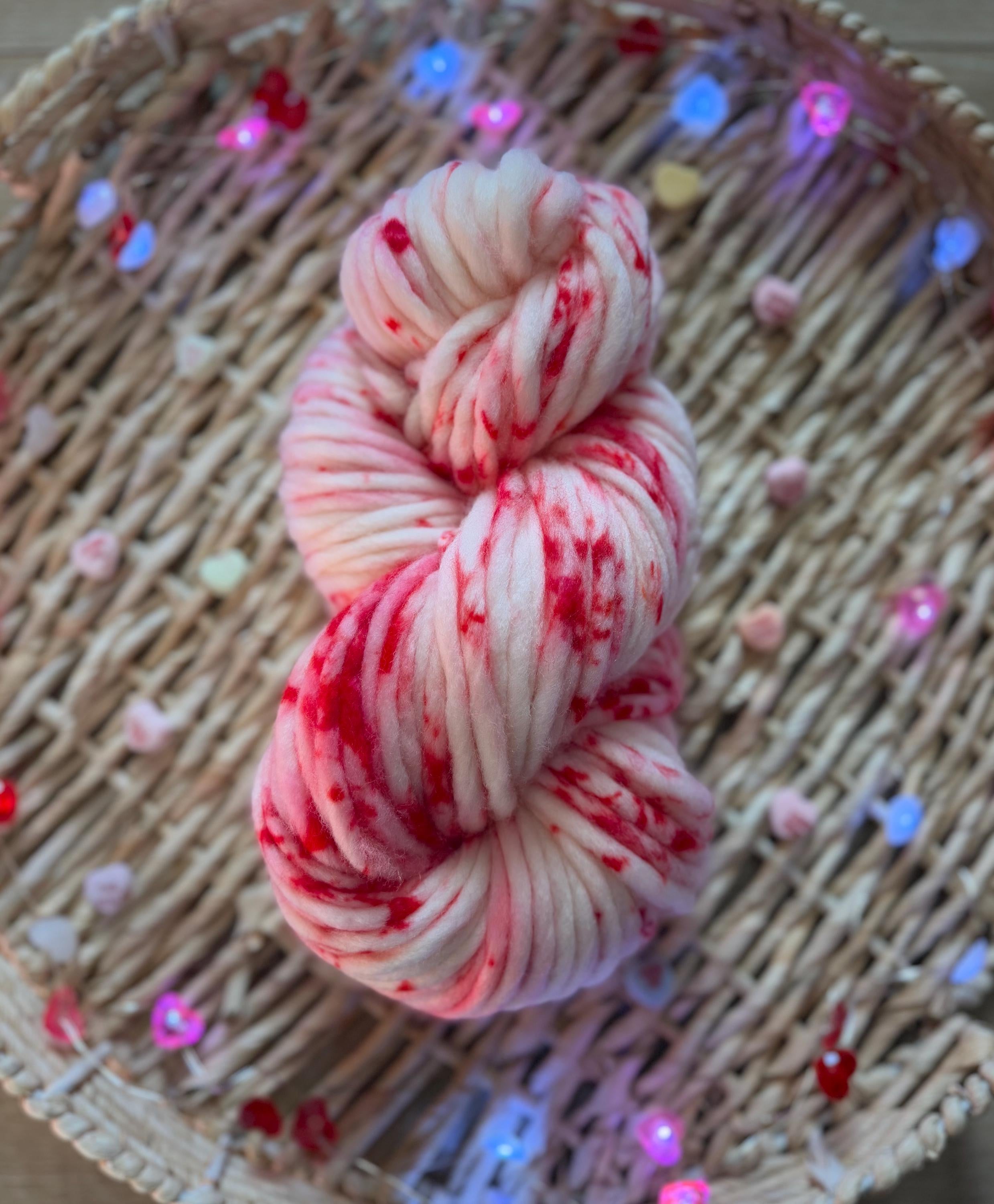 Xoxo Hand dyed super bulky merino wool, size 6 red pink,natural, speckled, solid, multicolor, indie dye, superwash Valentine’s Day