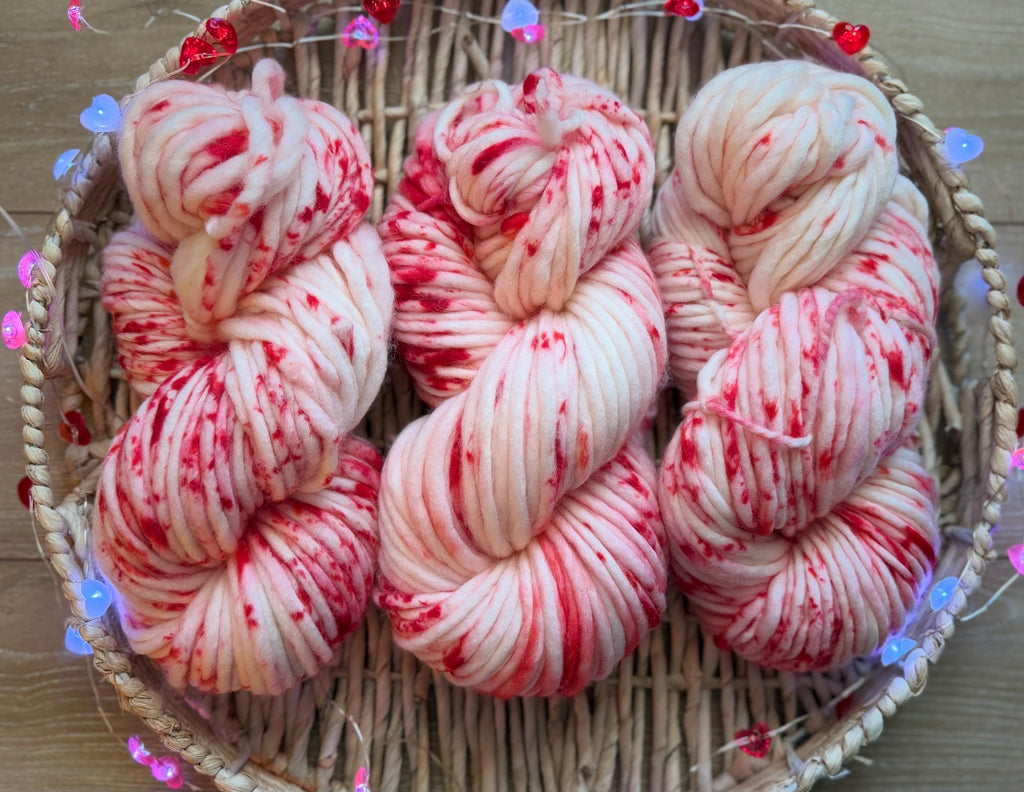 Xoxo Hand dyed super bulky merino wool, size 6 red pink,natural, speckled, solid, multicolor, indie dye, superwash Valentine’s Day