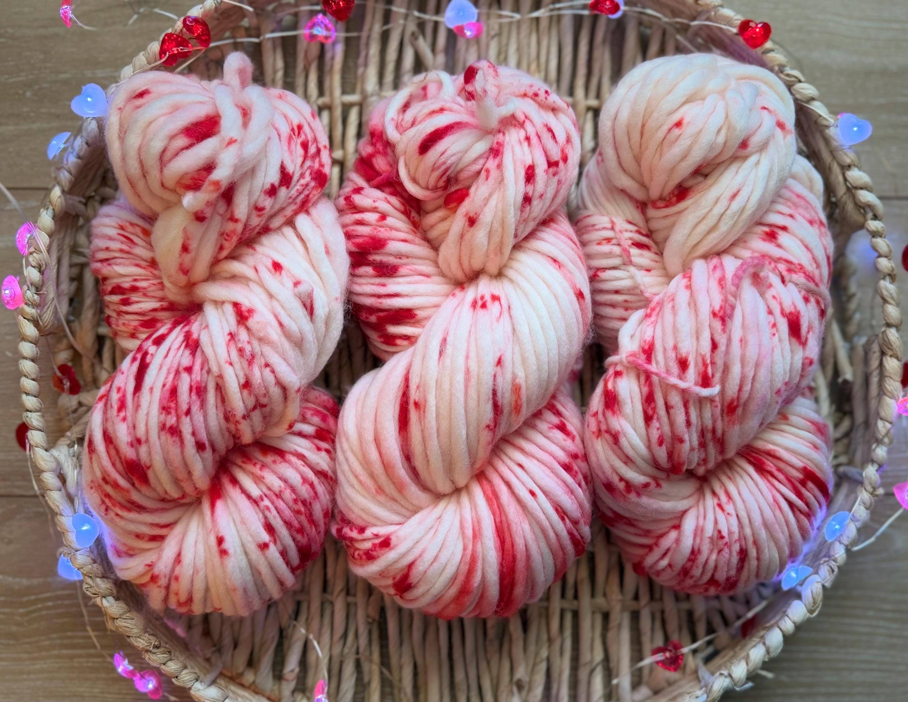 Xoxo Hand dyed super bulky merino wool, size 6 red pink,natural, speckled, solid, multicolor, indie dye, superwash Valentine’s Day