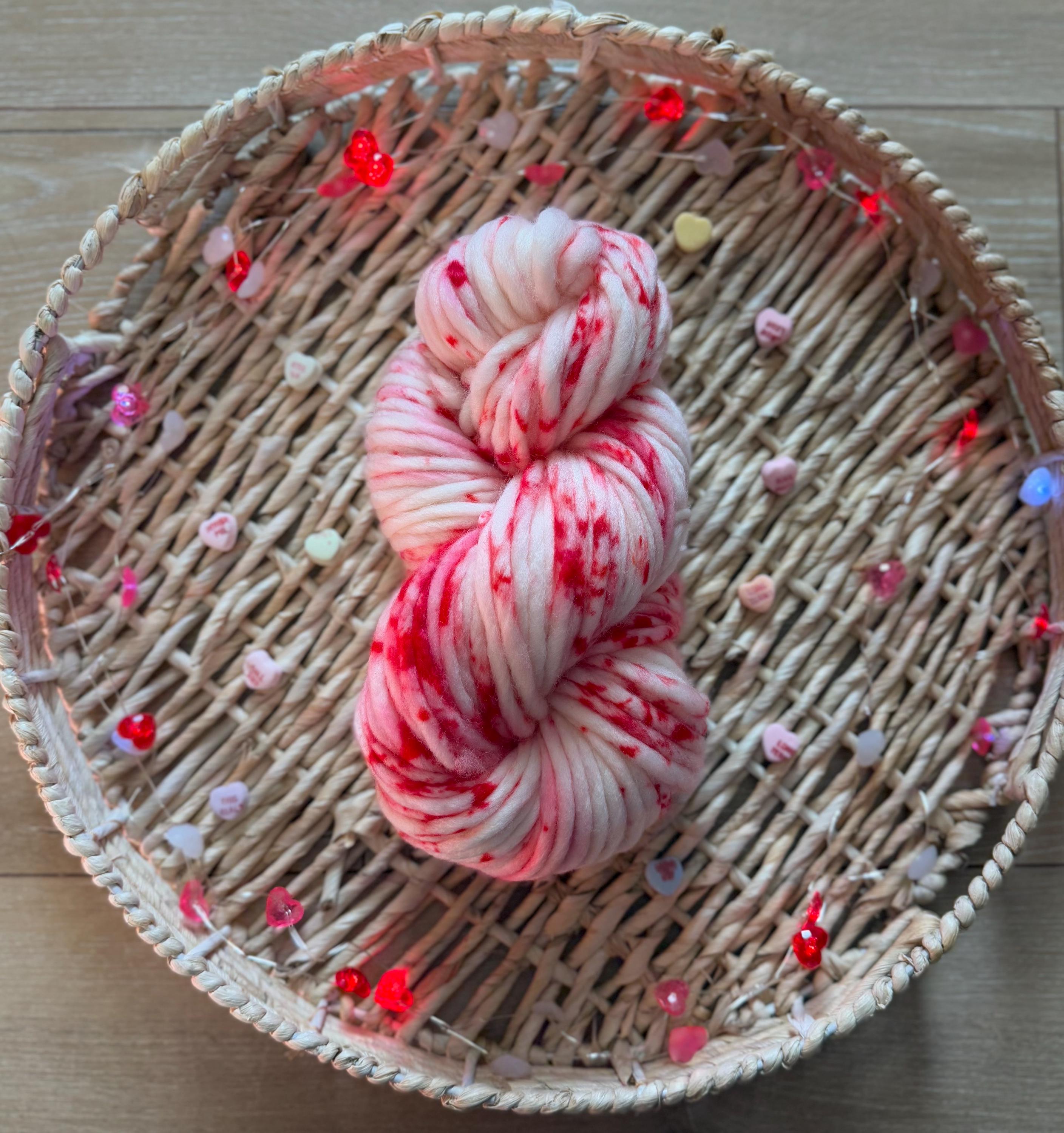 Xoxo Hand dyed super bulky merino wool, size 6 red pink,natural, speckled, solid, multicolor, indie dye, superwash Valentine’s Day