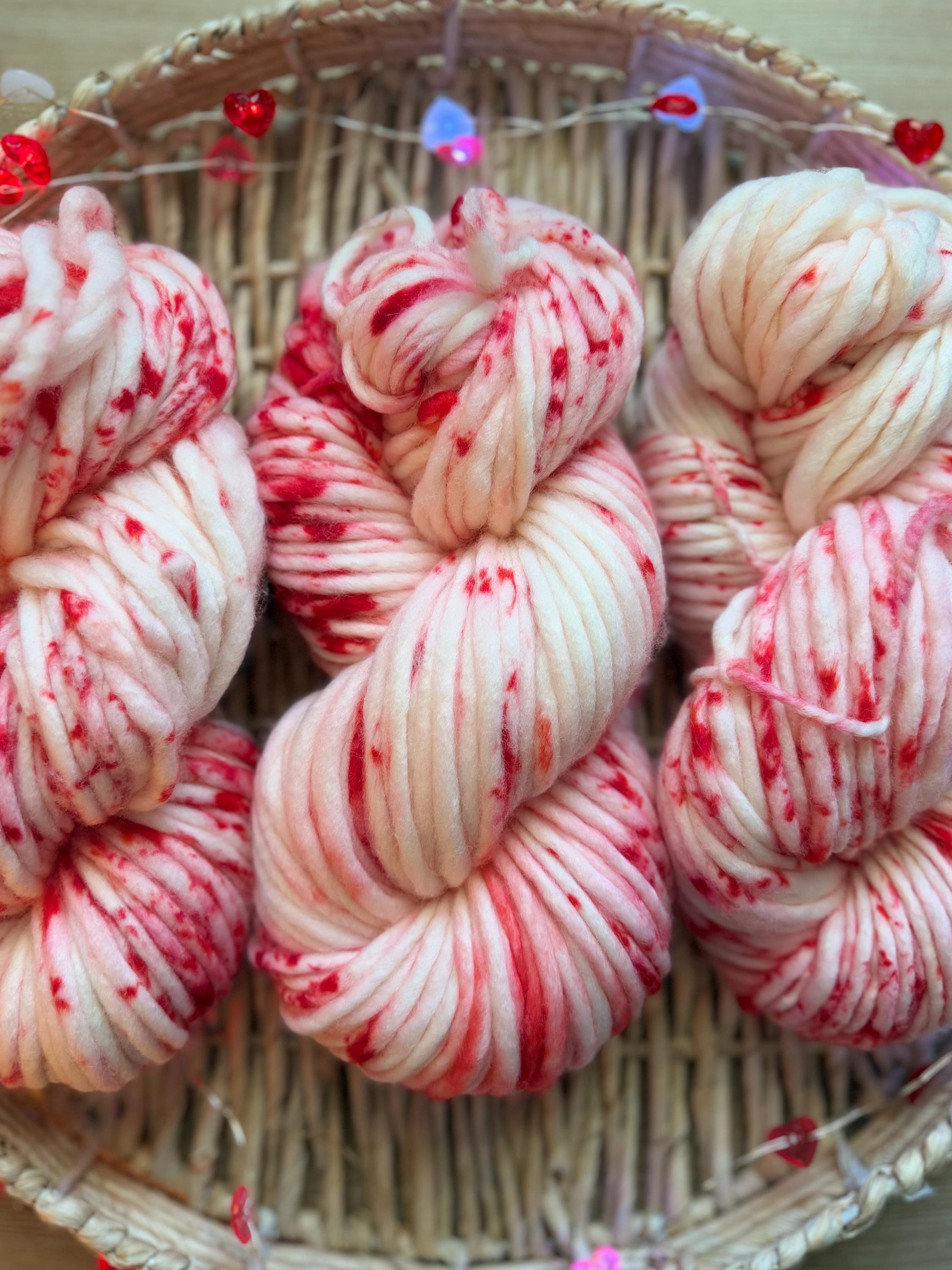 Xoxo Hand dyed super bulky merino wool, size 6 red pink,natural, speckled, solid, multicolor, indie dye, superwash Valentine’s Day