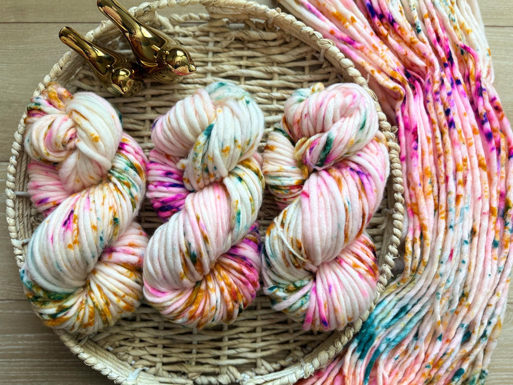 May flowers Hand dyed super bulky merino wool, size 6 pink, speckled, solid, multicolor, indie dye, superwash spring colorway