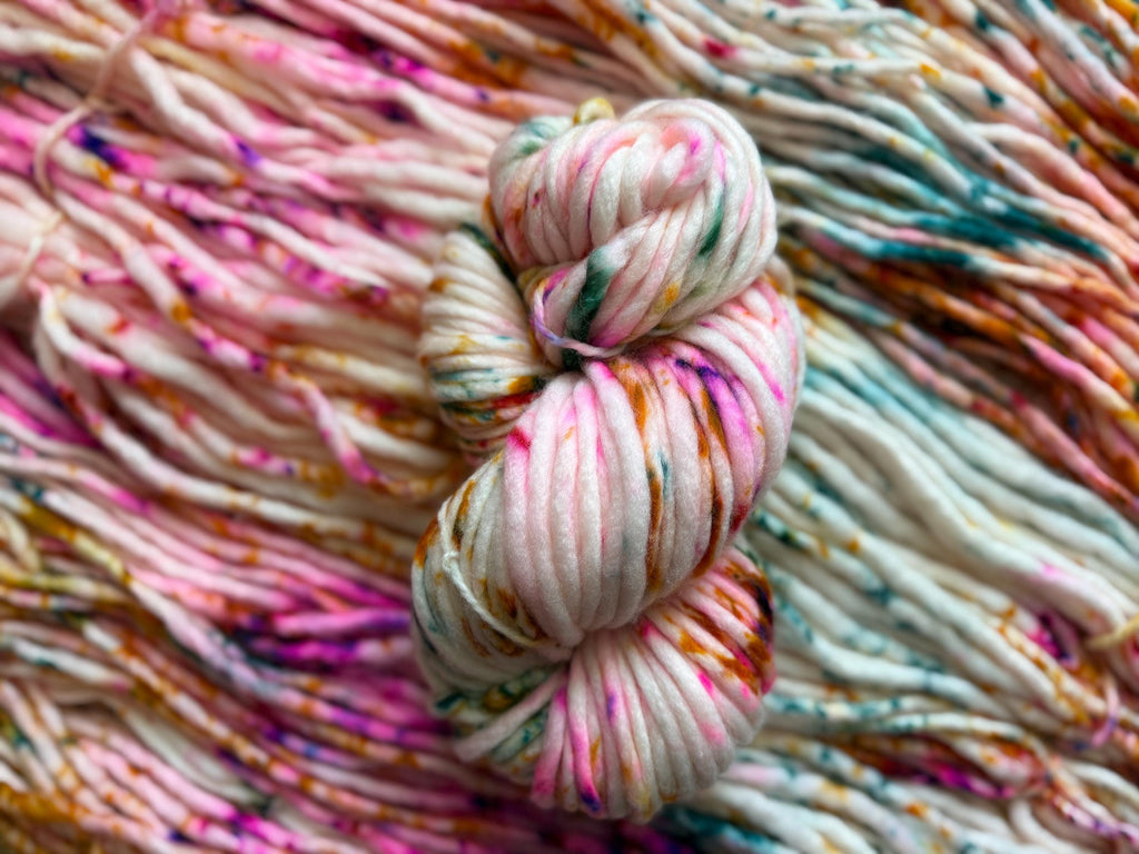 May flowers Hand dyed super bulky merino wool, size 6 pink, speckled, solid, multicolor, indie dye, superwash spring colorway