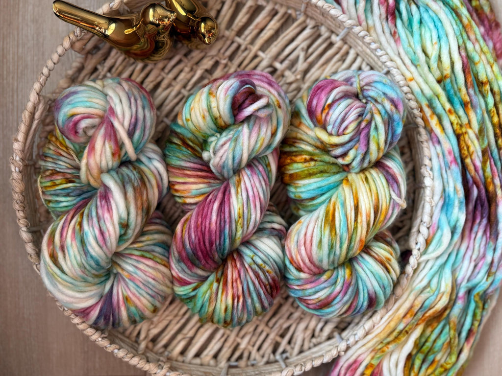 Peacock Hand dyed super bulky merino wool, size 6, 98 82 yards, natural purple teal solid, multicolor, indie dye, superwash