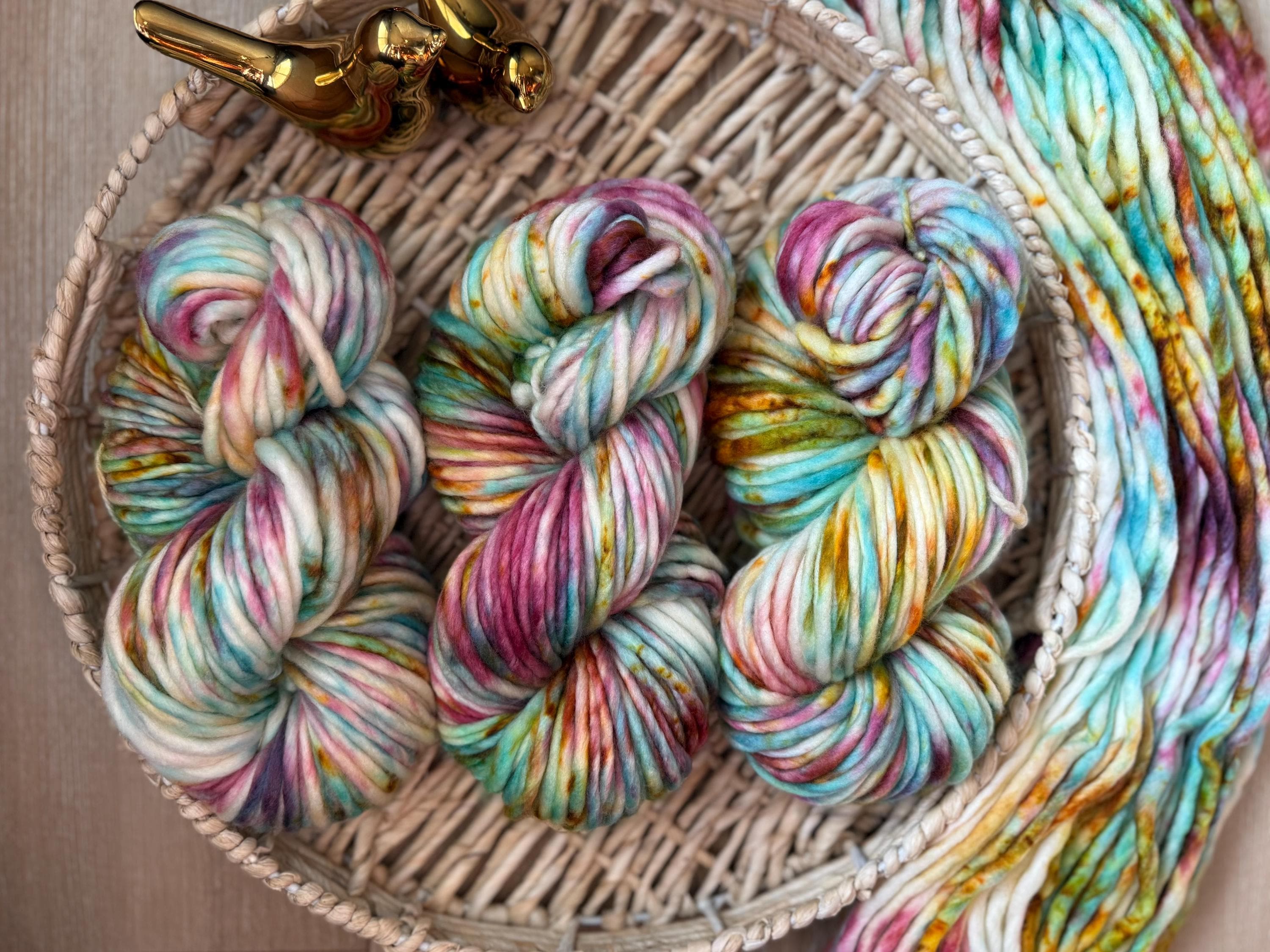 Peacock Hand dyed super bulky merino wool, size 6, 98 82 yards, natural purple teal solid, multicolor, indie dye, superwash