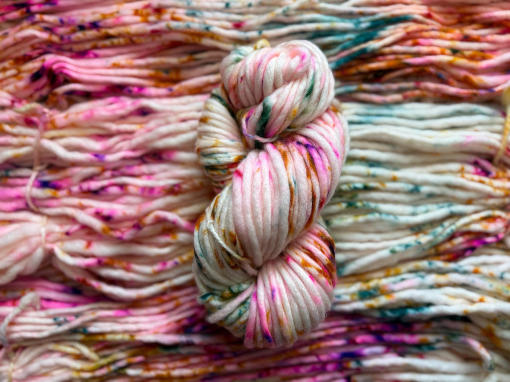 May flowers Hand dyed super bulky merino wool, size 6 pink, speckled, solid, multicolor, indie dye, superwash spring colorway