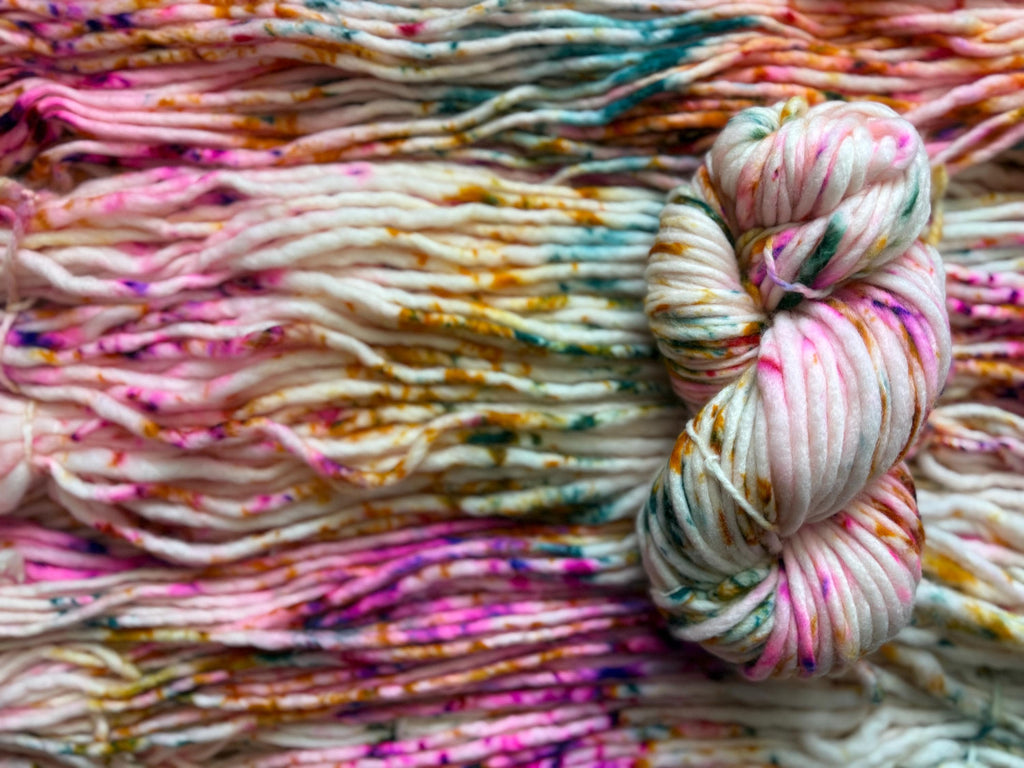 May flowers Hand dyed super bulky merino wool, size 6 pink, speckled, solid, multicolor, indie dye, superwash spring colorway