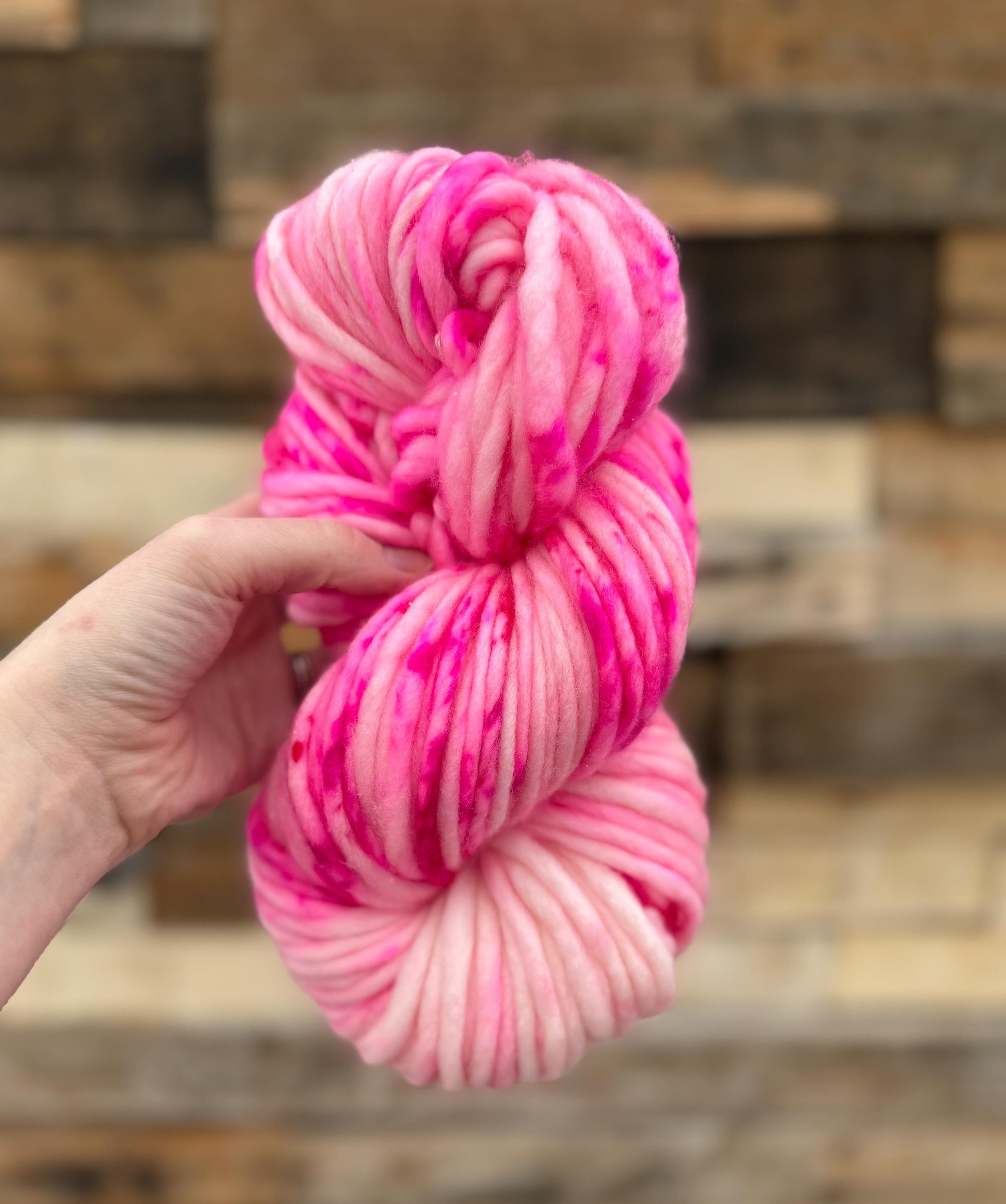 Pinky Hand dyed super bulky merino wool, size 6, 98 yards, natural, pink, speckled, solid, multicolor indie dye superwash