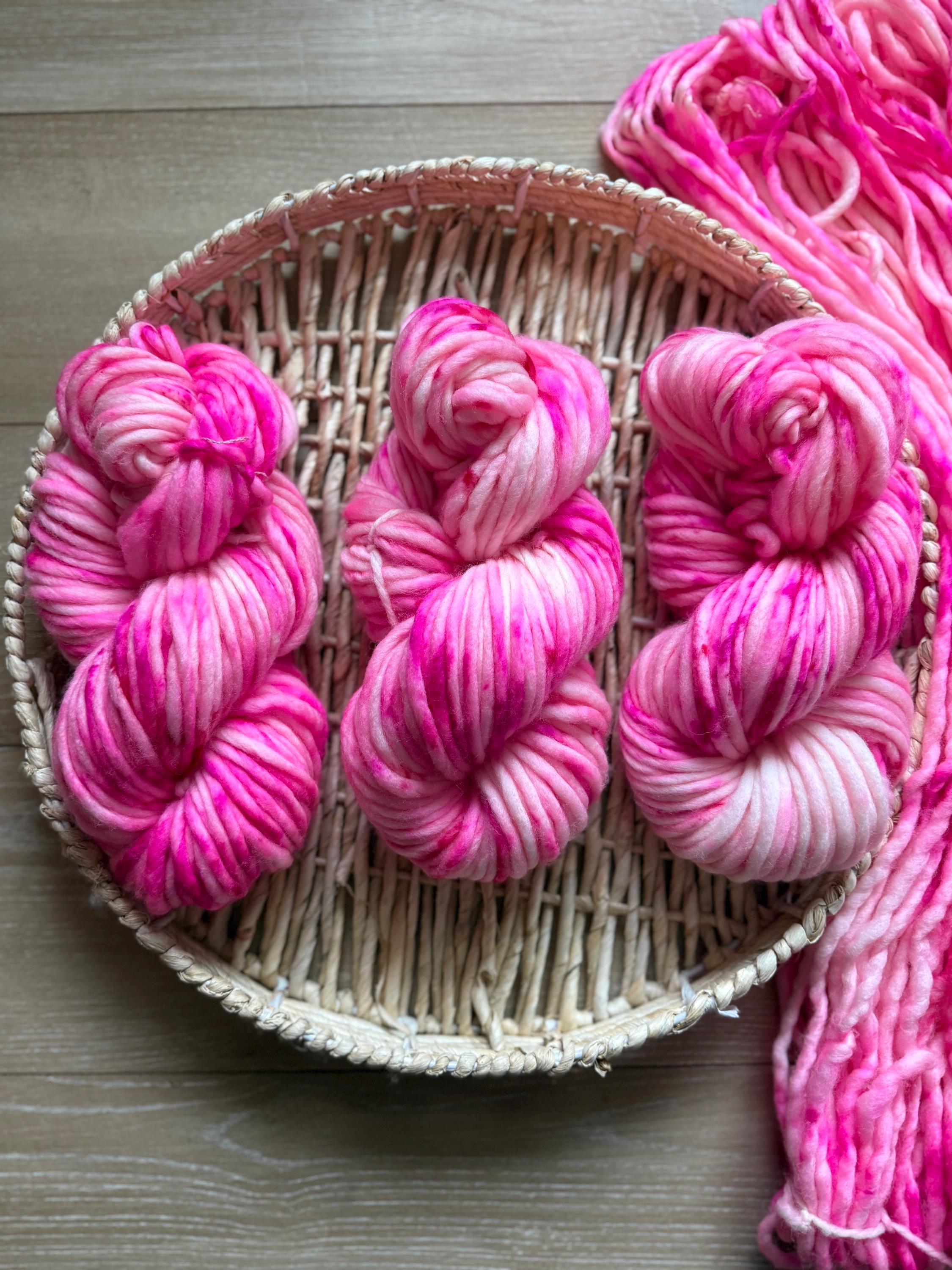 Pinky Hand dyed super bulky merino wool, size 6, 98 yards, natural, pink, speckled, solid, multicolor indie dye superwash