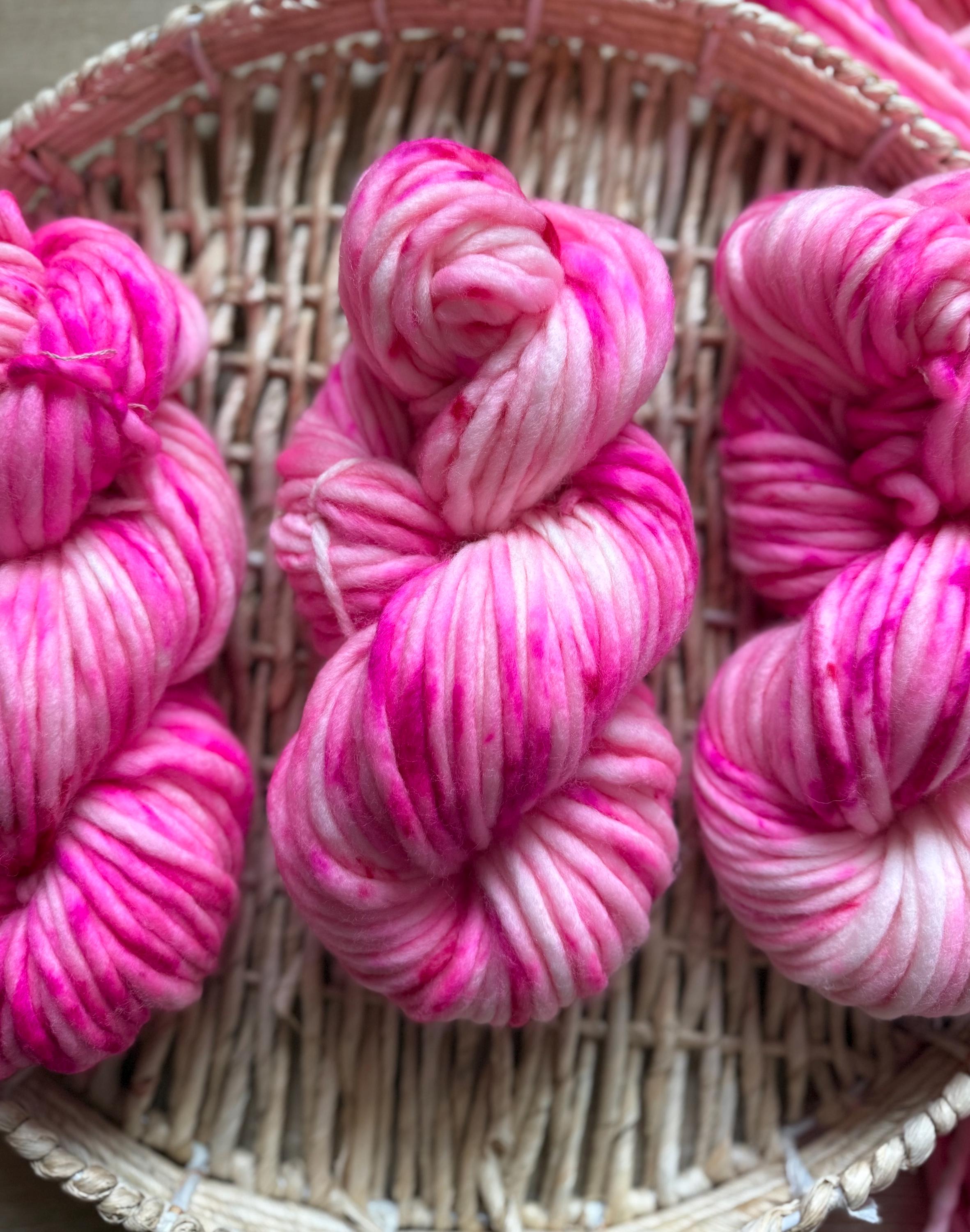 Pinky Hand dyed super bulky merino wool, size 6, 98 yards, natural, pink, speckled, solid, multicolor indie dye superwash