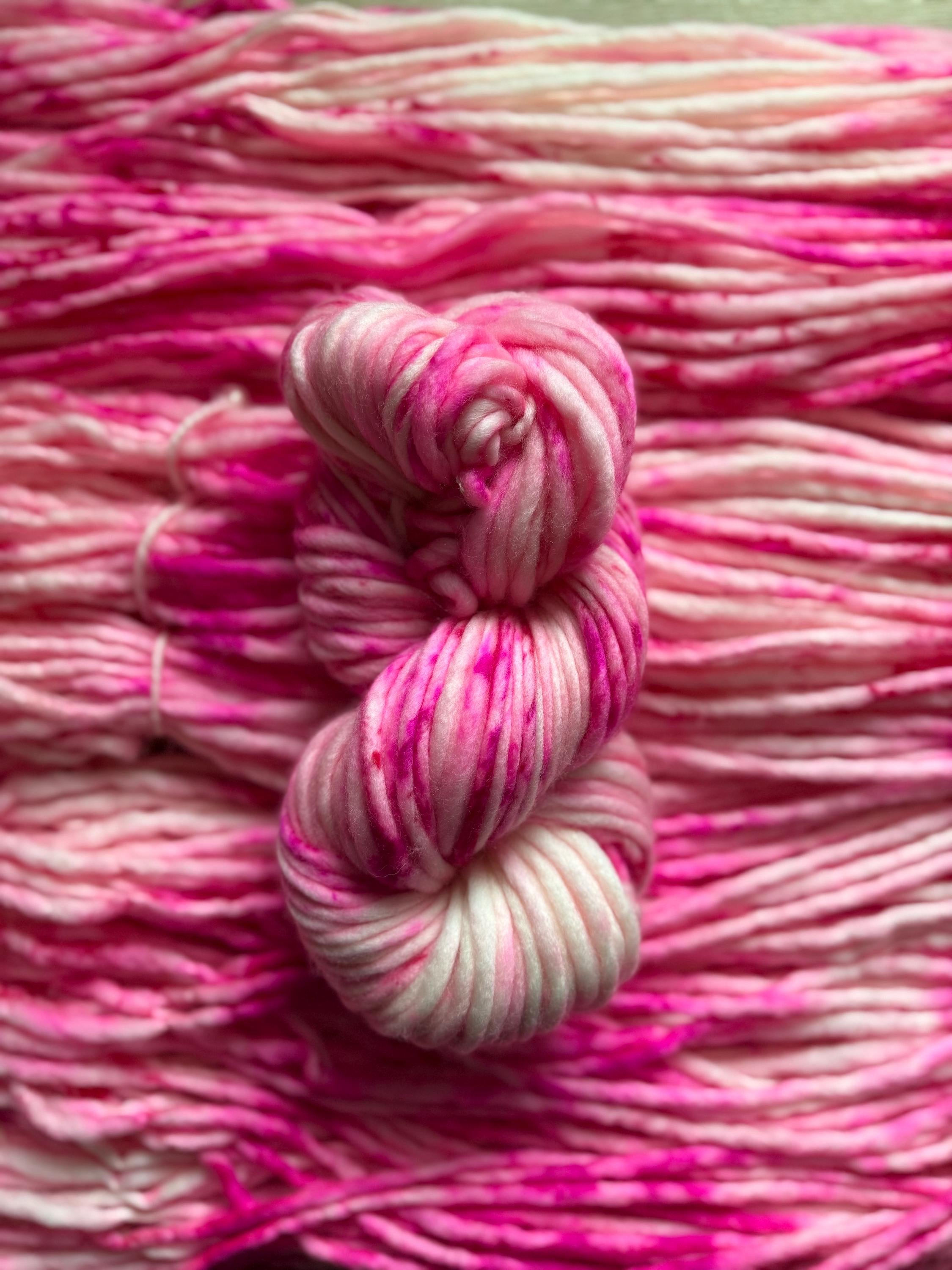 Pinky Hand dyed super bulky merino wool, size 6, 98 yards, natural, pink, speckled, solid, multicolor indie dye superwash