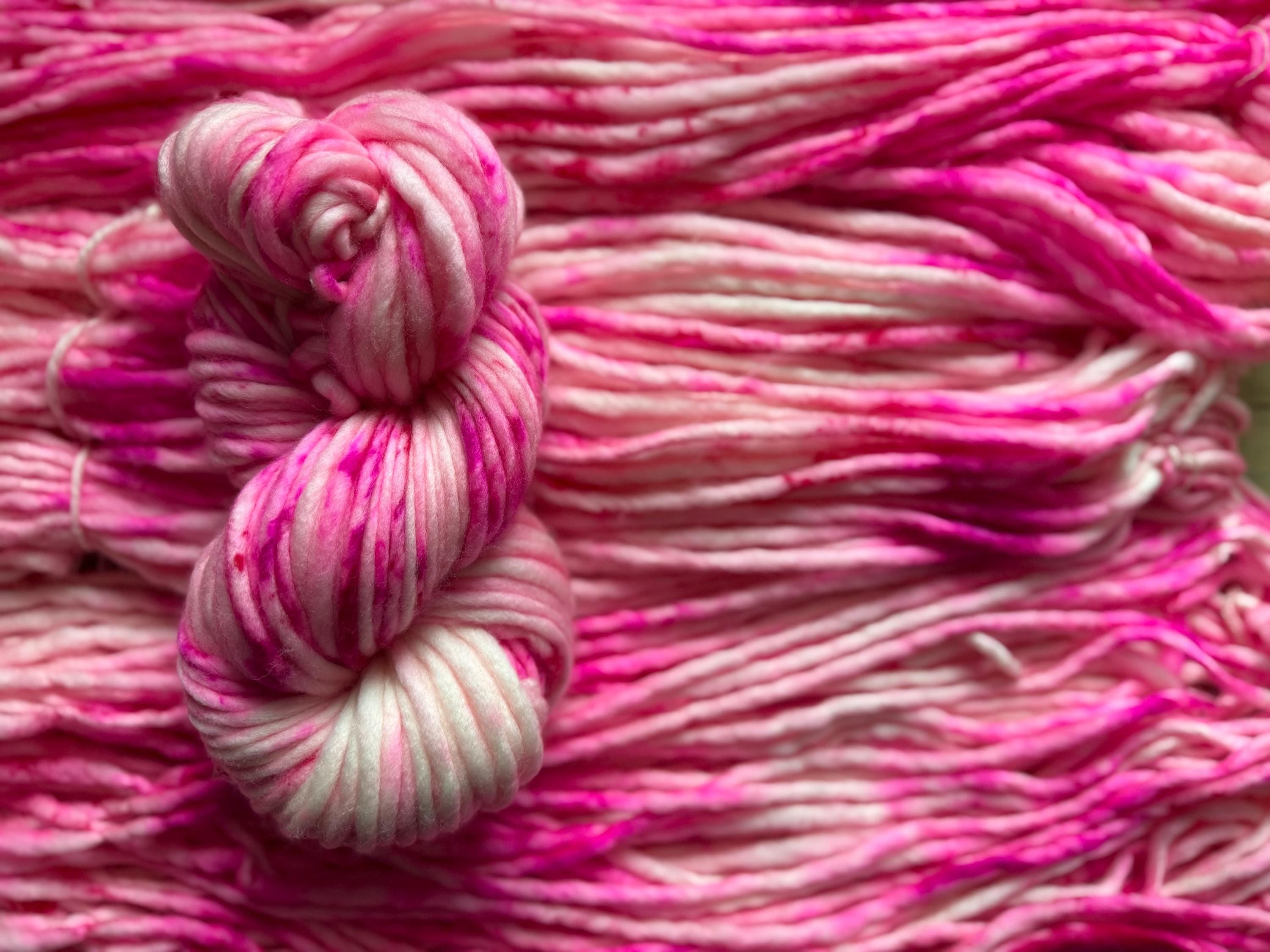 Pinky Hand dyed super bulky merino wool, size 6, 98 yards, natural, pink, speckled, solid, multicolor indie dye superwash