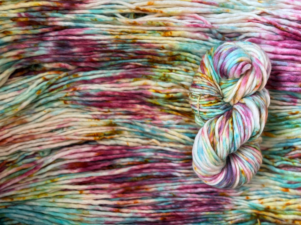 Peacock Hand dyed super bulky merino wool, size 6, 98 82 yards, natural purple teal solid, multicolor, indie dye, superwash