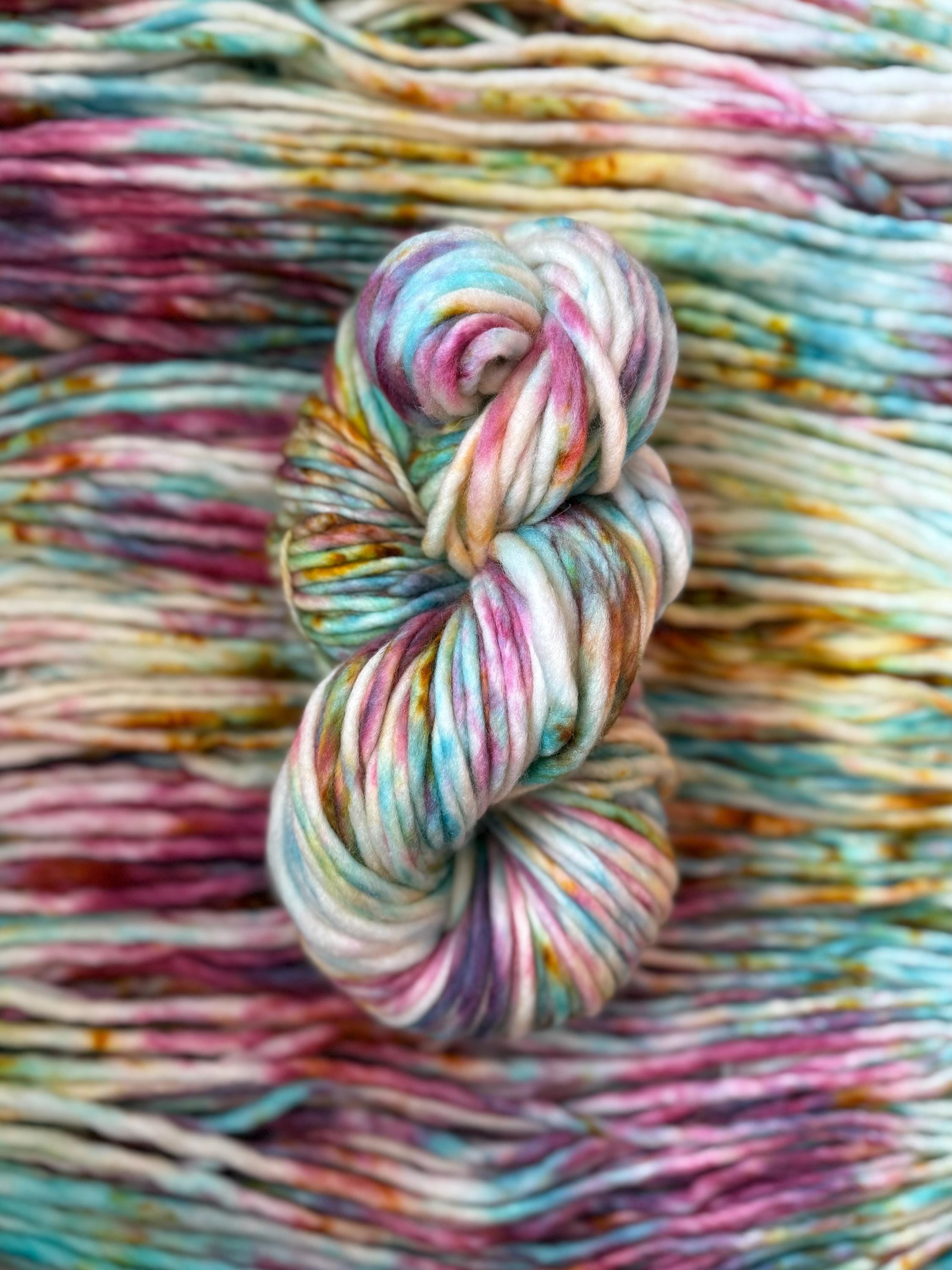 Peacock Hand dyed super bulky merino wool, size 6, 98 82 yards, natural purple teal solid, multicolor, indie dye, superwash