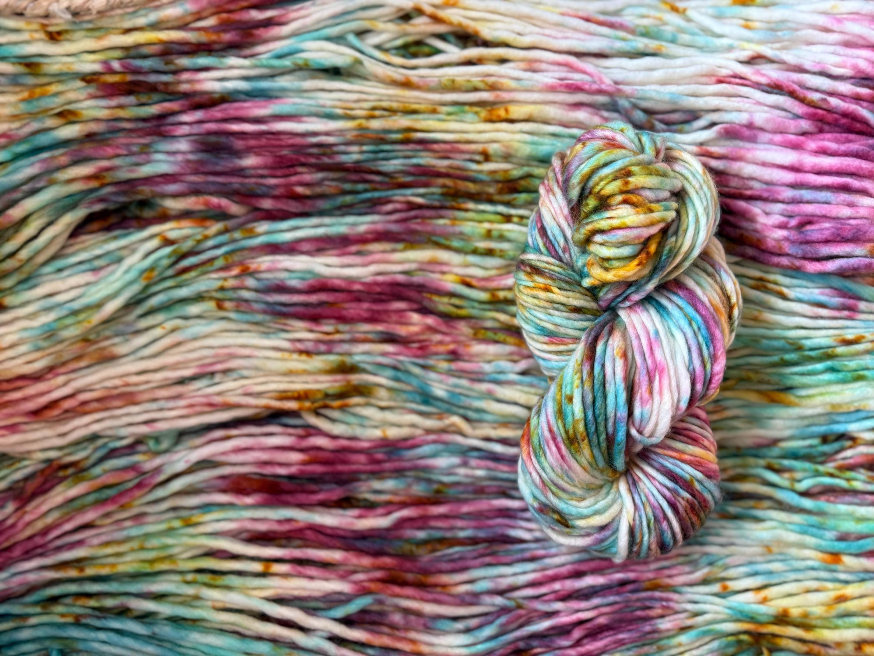 Peacock Hand dyed super bulky merino wool, size 6, 98 82 yards, natural purple teal solid, multicolor, indie dye, superwash