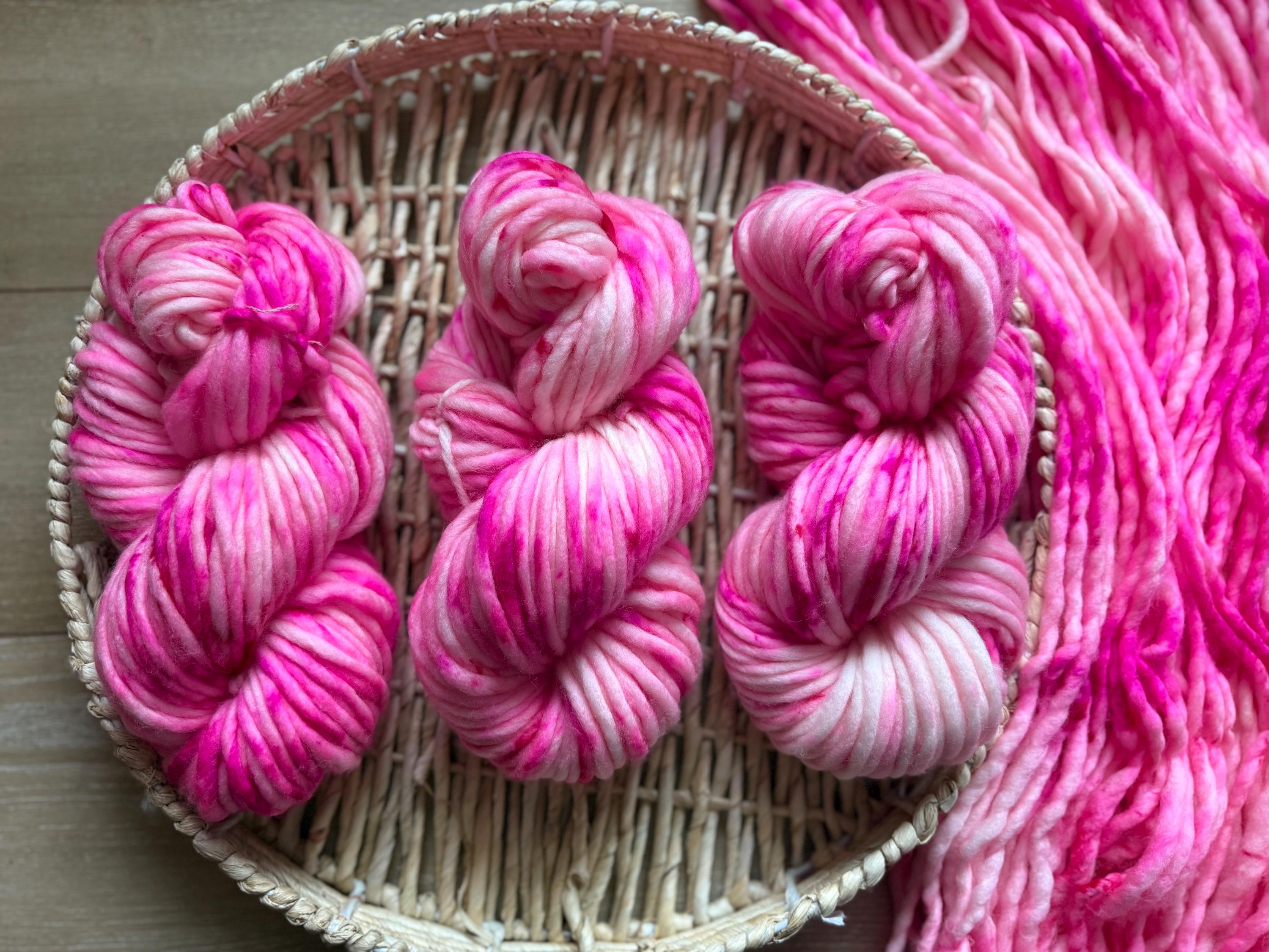 Pinky Hand dyed super bulky merino wool, size 6, 98 yards, natural, pink, speckled, solid, multicolor indie dye superwash