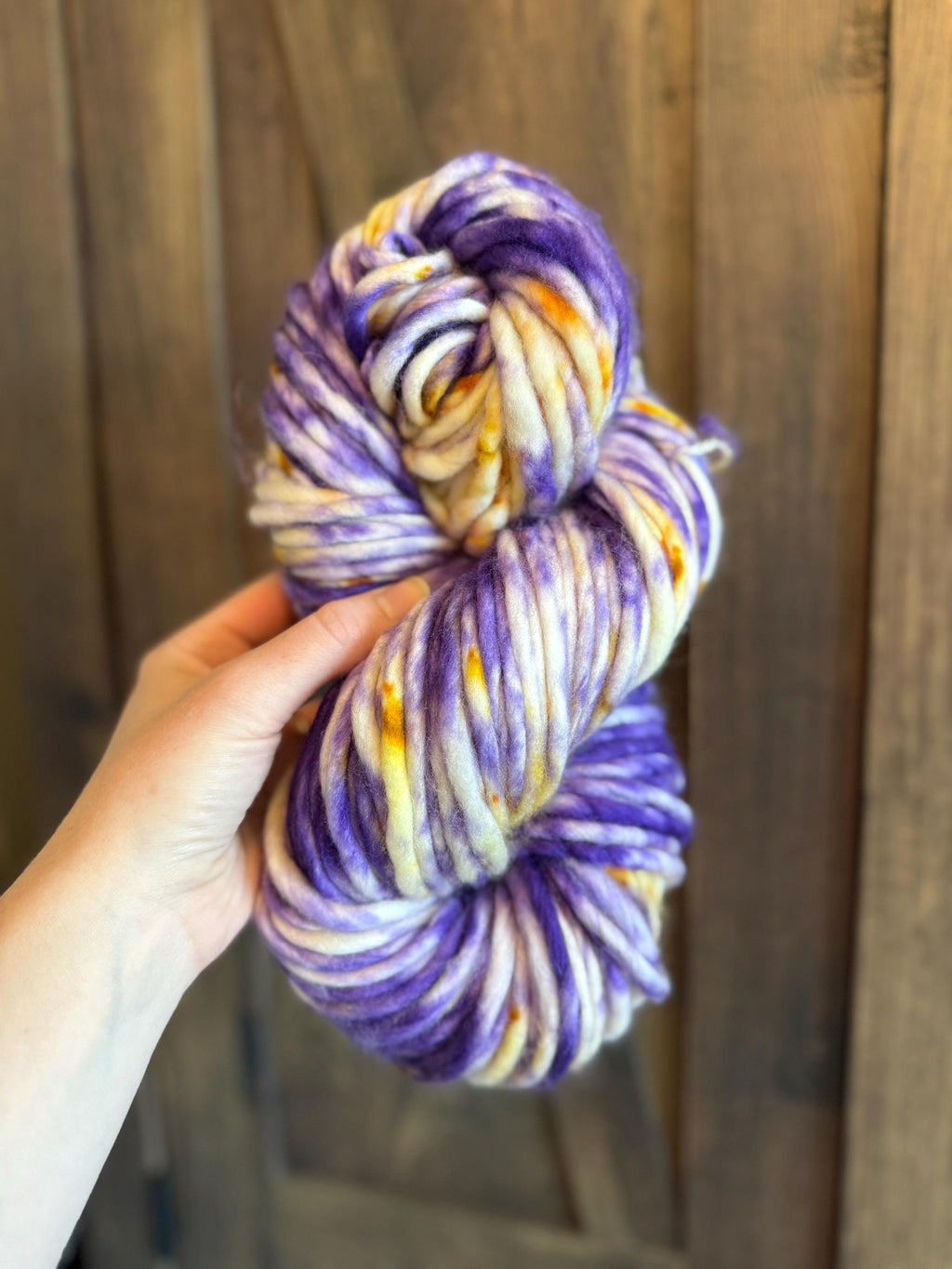 Royalty hand dyed super bulky merino wool, 98 126 yard, 6 weight, speckled, semi solid, multicolor, indie dye, superwash purple gold