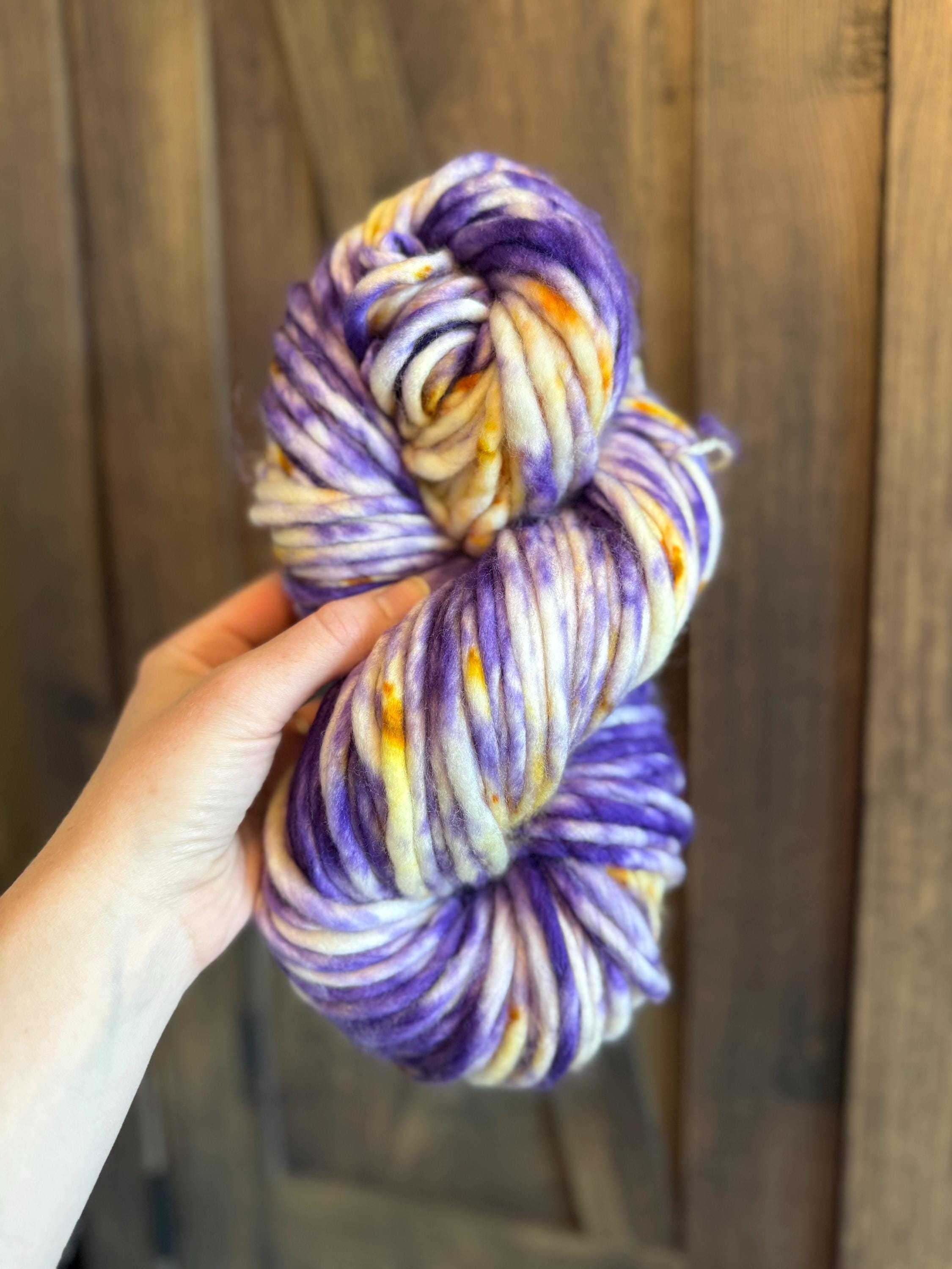 Royalty hand dyed super bulky merino wool, 98 126 yard, 6 weight, speckled, semi solid, multicolor, indie dye, superwash purple gold