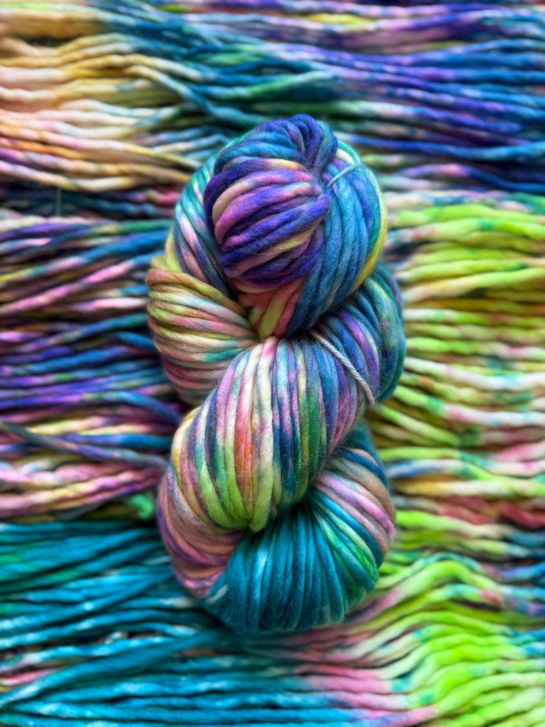 Neon winter Hand dyed super bulky merino wool, size 6 purple blue pink green natural, speckled, solid, multicolor, indie dye, superwash