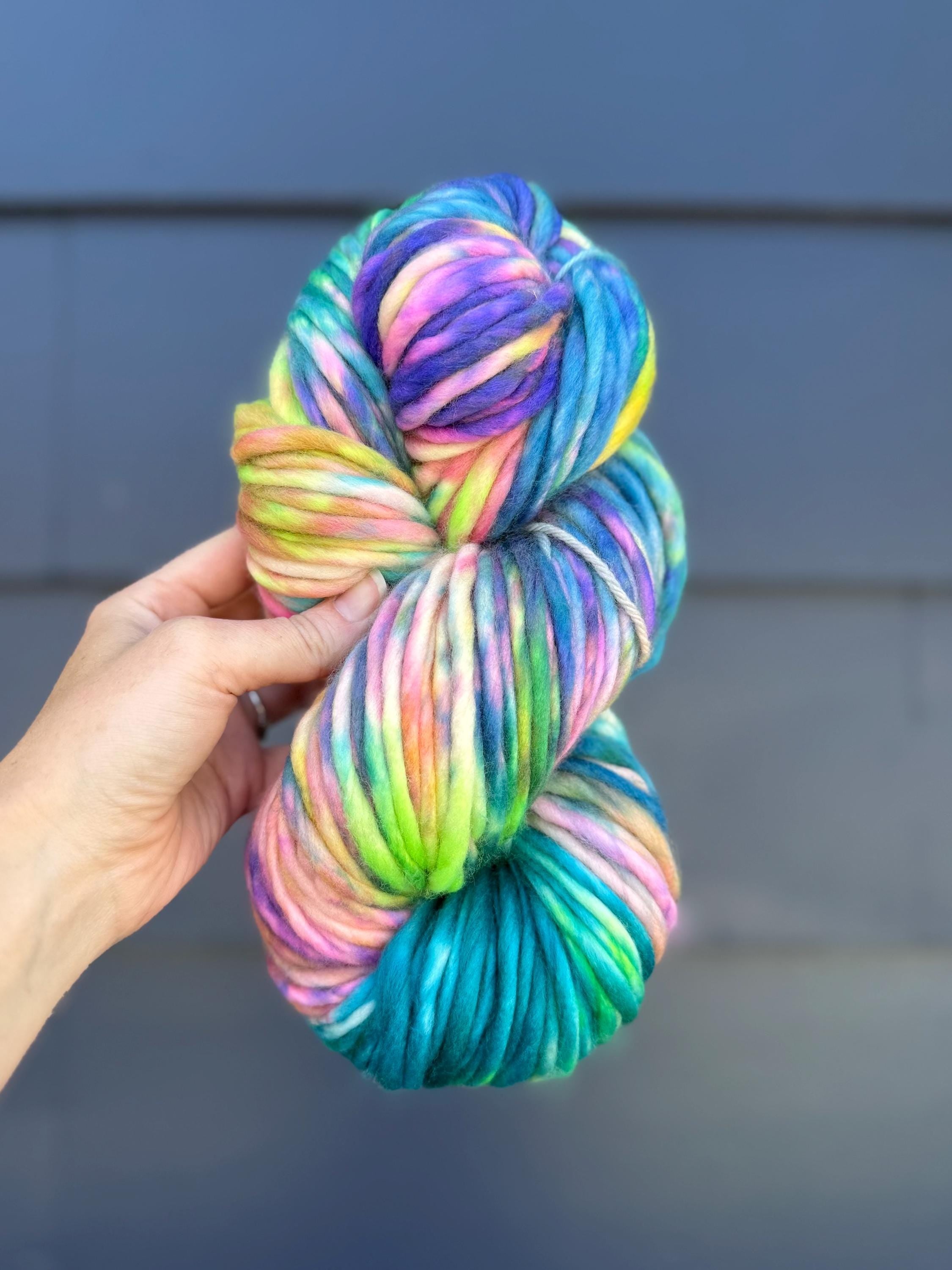 Neon winter Hand dyed super bulky merino wool, size 6 purple blue pink green natural, speckled, solid, multicolor, indie dye, superwash