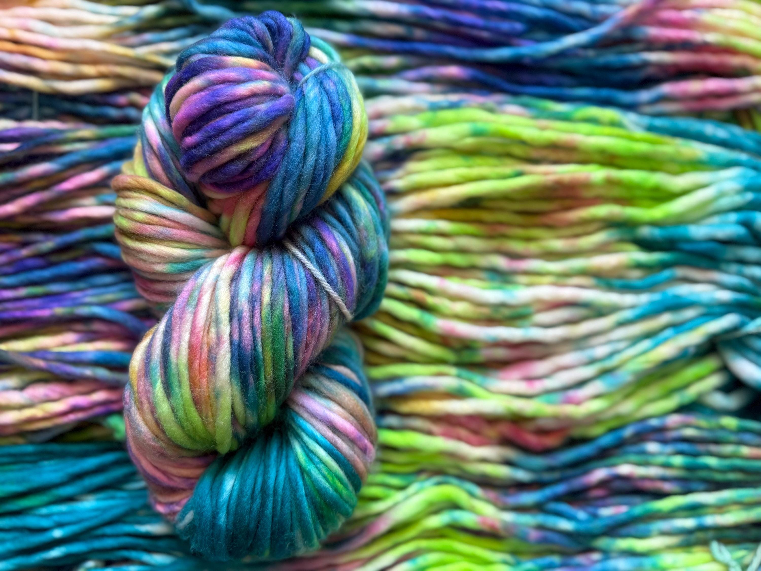 Neon winter Hand dyed super bulky merino wool, size 6 purple blue pink green natural, speckled, solid, multicolor, indie dye, superwash