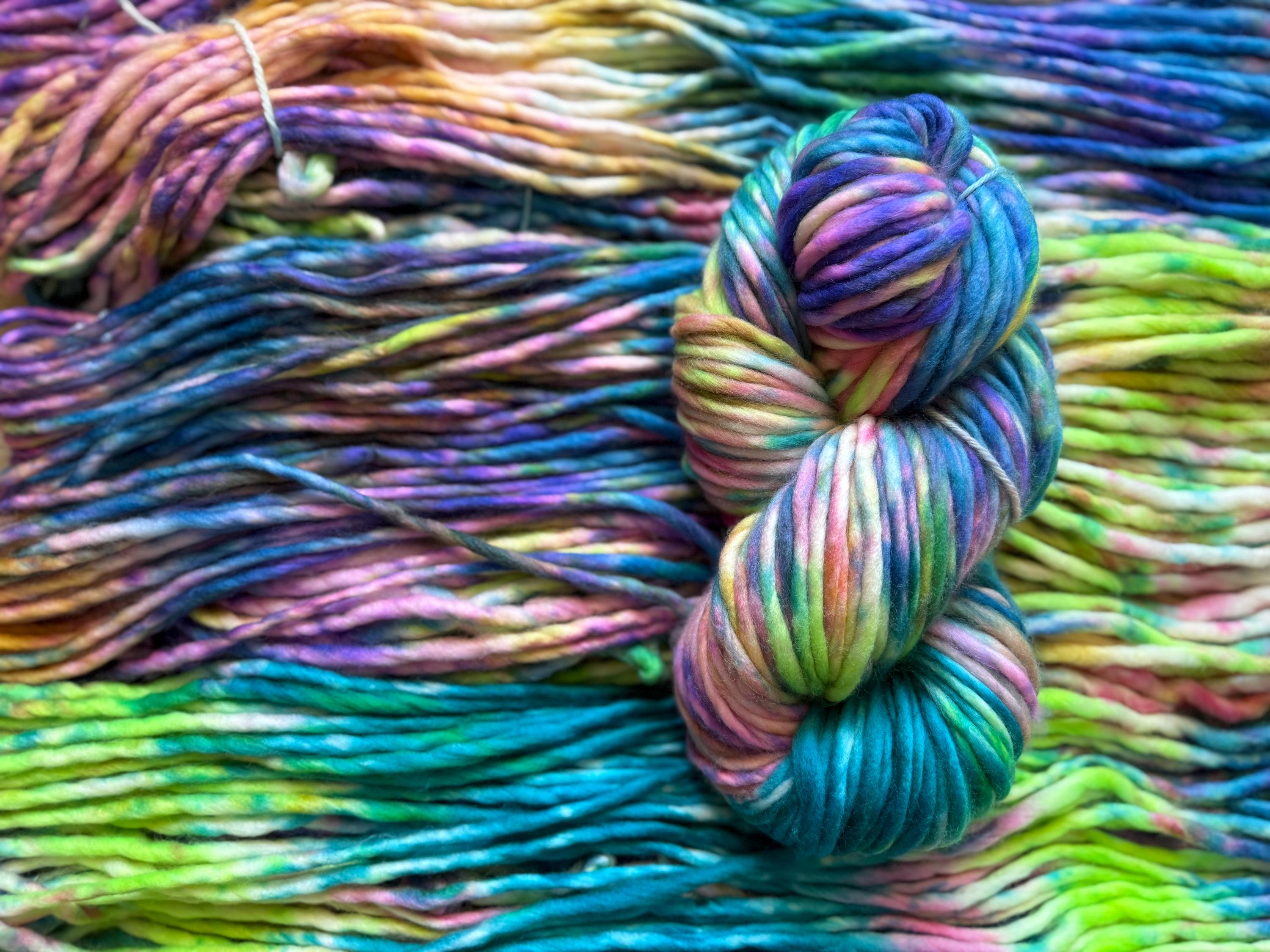 Neon winter Hand dyed super bulky merino wool, size 6 purple blue pink green natural, speckled, solid, multicolor, indie dye, superwash