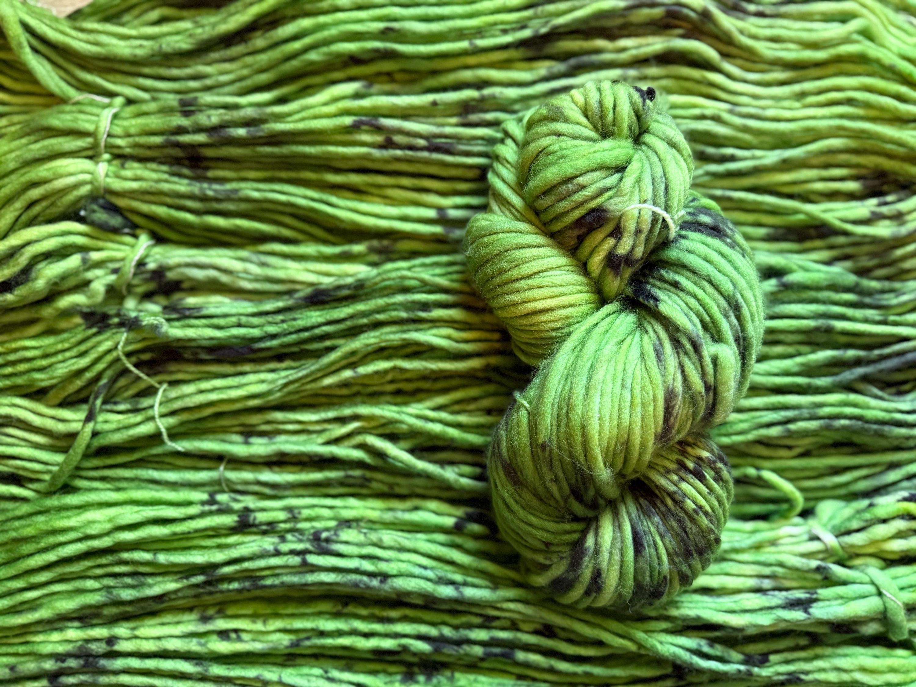 Supernatural Hand dyed super bulky merino wool, size 6 Halloween, green speckled, multicolor, indie dye, superwash colorway