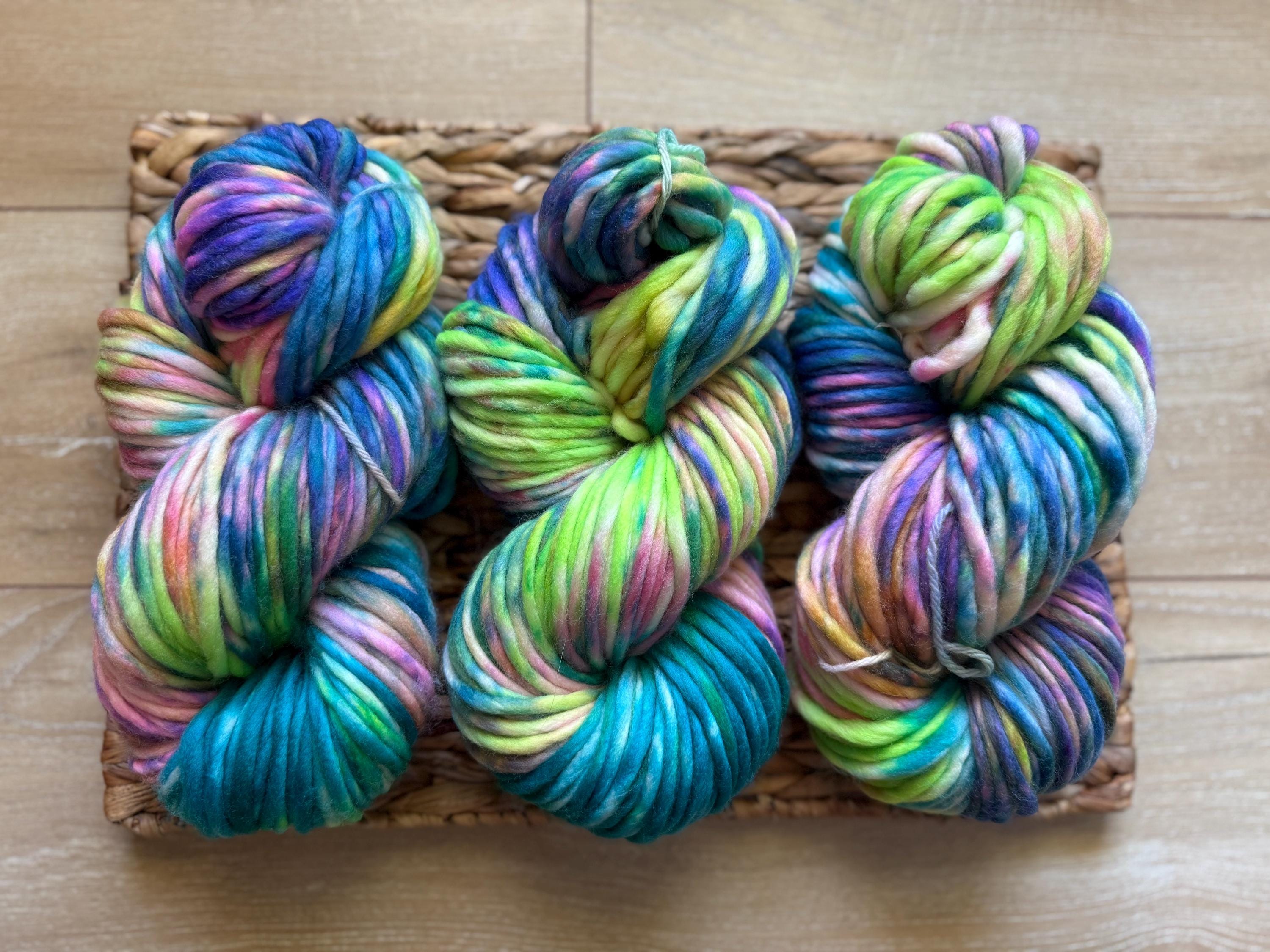 Neon winter Hand dyed super bulky merino wool, size 6 purple blue pink green natural, speckled, solid, multicolor, indie dye, superwash