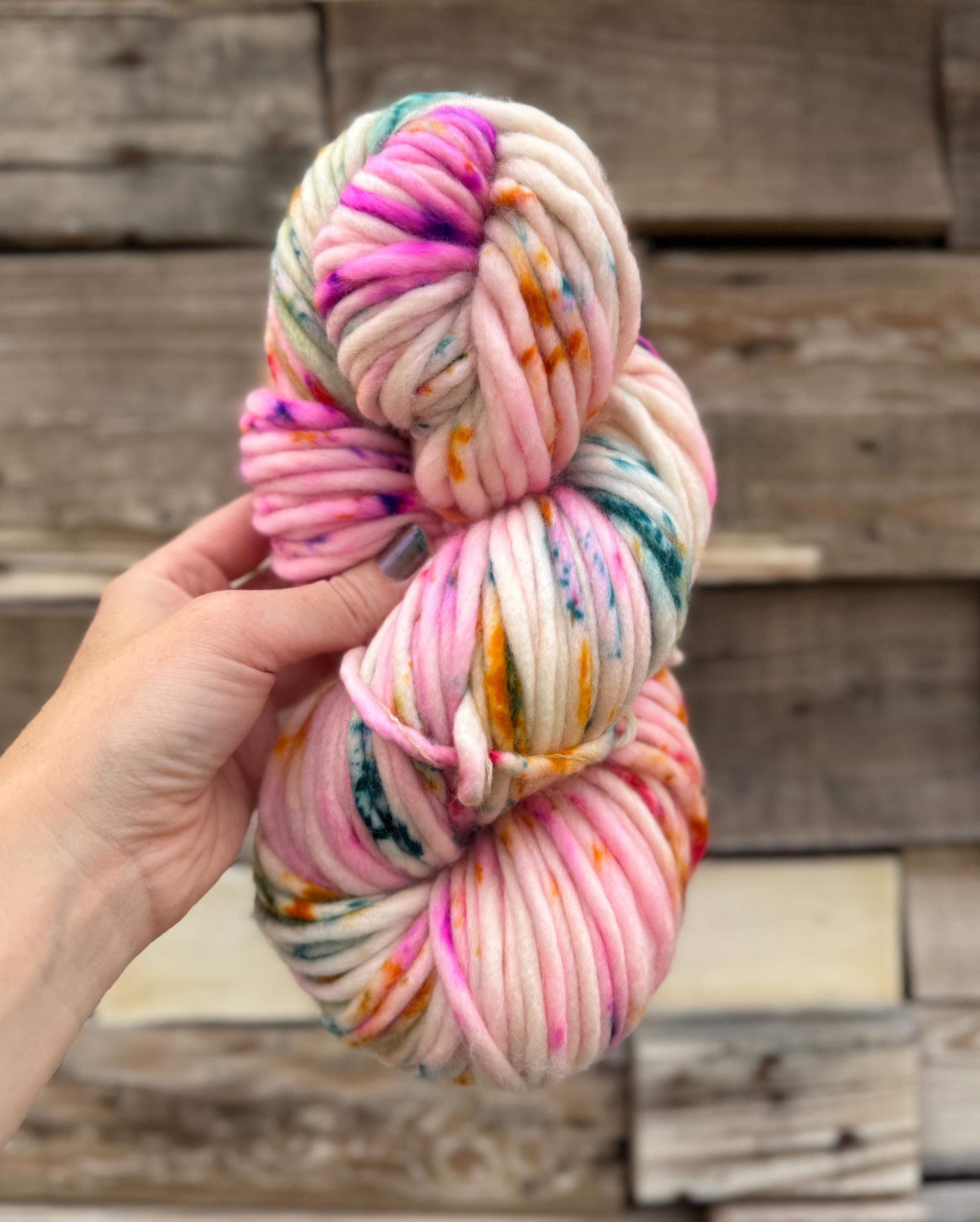 May flowers Hand dyed super bulky merino wool, size 6 pink, speckled, solid, multicolor, indie dye, superwash spring colorway