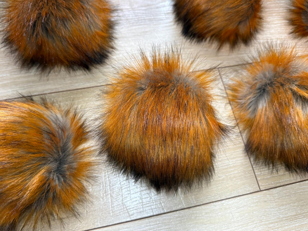Molten maple luxe grey and orange faux fur Pom Poms, for beanies, scarves, crochet, knit, knitting, crocheting, high quality, luxury