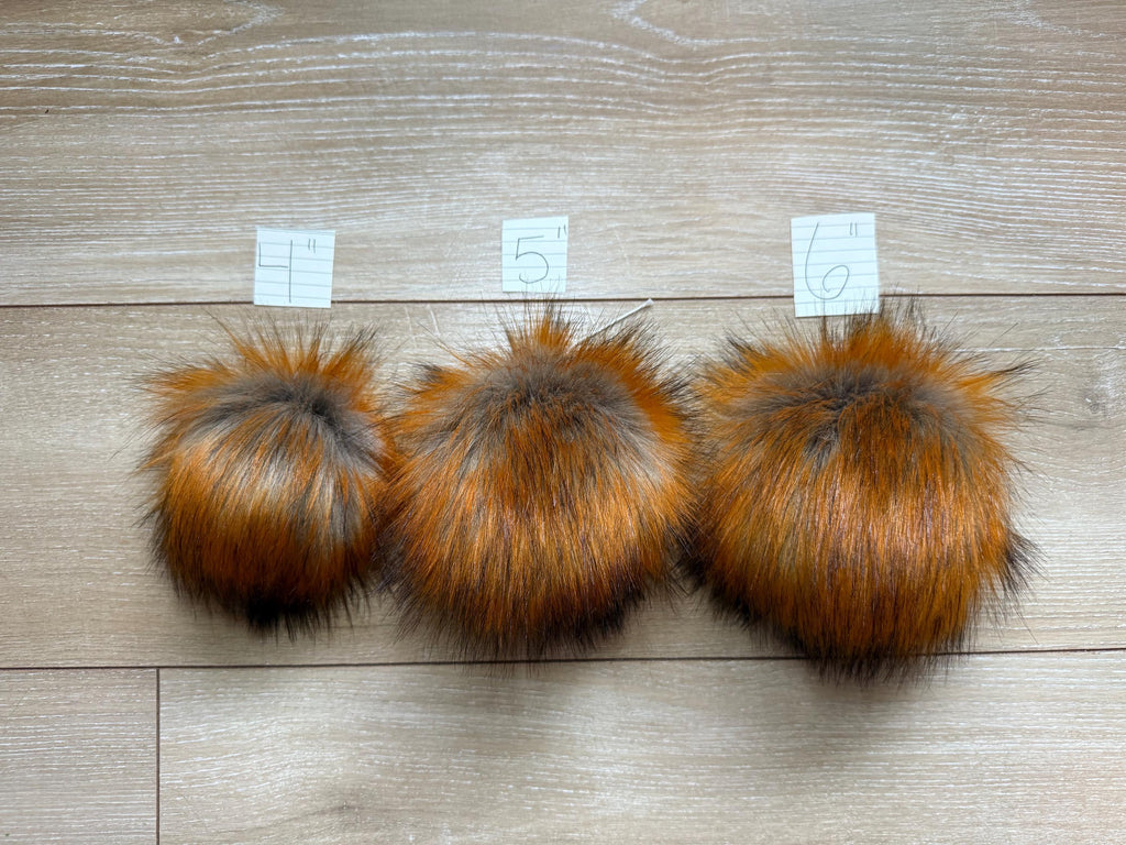 Molten maple luxe grey and orange faux fur Pom Poms, for beanies, scarves, crochet, knit, knitting, crocheting, high quality, luxury