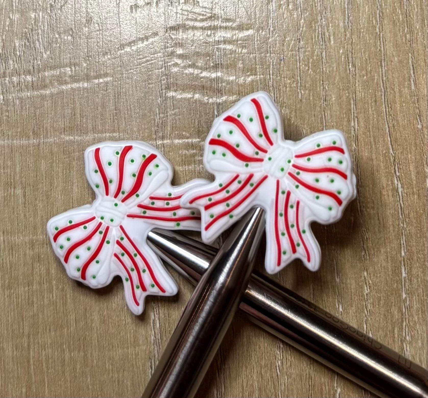 Christmas cookie bows needle stoppers for knitting needles