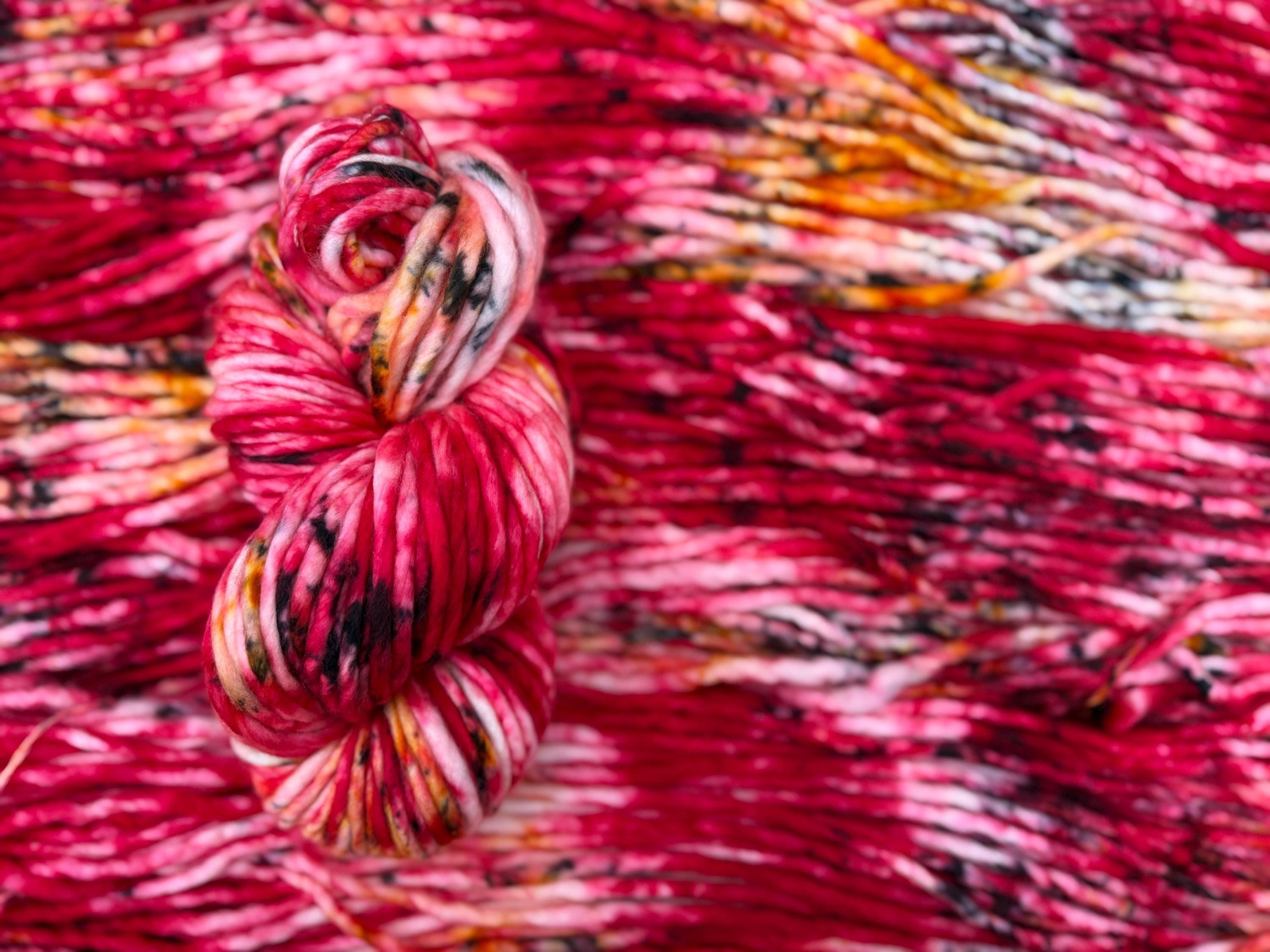 Fireberry Hand dyed super bulky merino wool, size 6 red, black, gold, speckled, solid, multicolor, indie dye, superwash